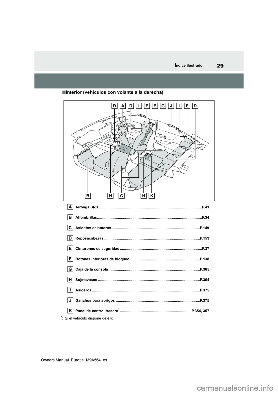TOYOTA MIRAI 2023 Manual del propietario (in Spanish) 29
Owners Manual_Europe_M9A564_es
Índice ilustrado
■Interior (vehículos con volante a la derecha)
Airbags SRS....................................................................................... TOYOTA MIRAI 2023 Manual del propietario (in Spanish) 29
Owners Manual_Europe_M9A564_es
Índice ilustrado
■Interior (vehículos con volante a la derecha)
Airbags SRS.......................................................................................