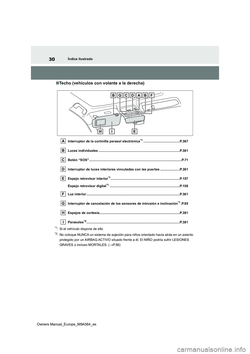 TOYOTA MIRAI 2023 Manual del propietario (in Spanish) 30
Owners Manual_Europe_M9A564_es
Índice ilustrado
■Techo (vehículos con volante a la derecha)
Interruptor de la cortinilla parasol electrónica*1.......................................P.367
Luce TOYOTA MIRAI 2023 Manual del propietario (in Spanish) 30
Owners Manual_Europe_M9A564_es
Índice ilustrado
■Techo (vehículos con volante a la derecha)
Interruptor de la cortinilla parasol electrónica*1.......................................P.367
Luce