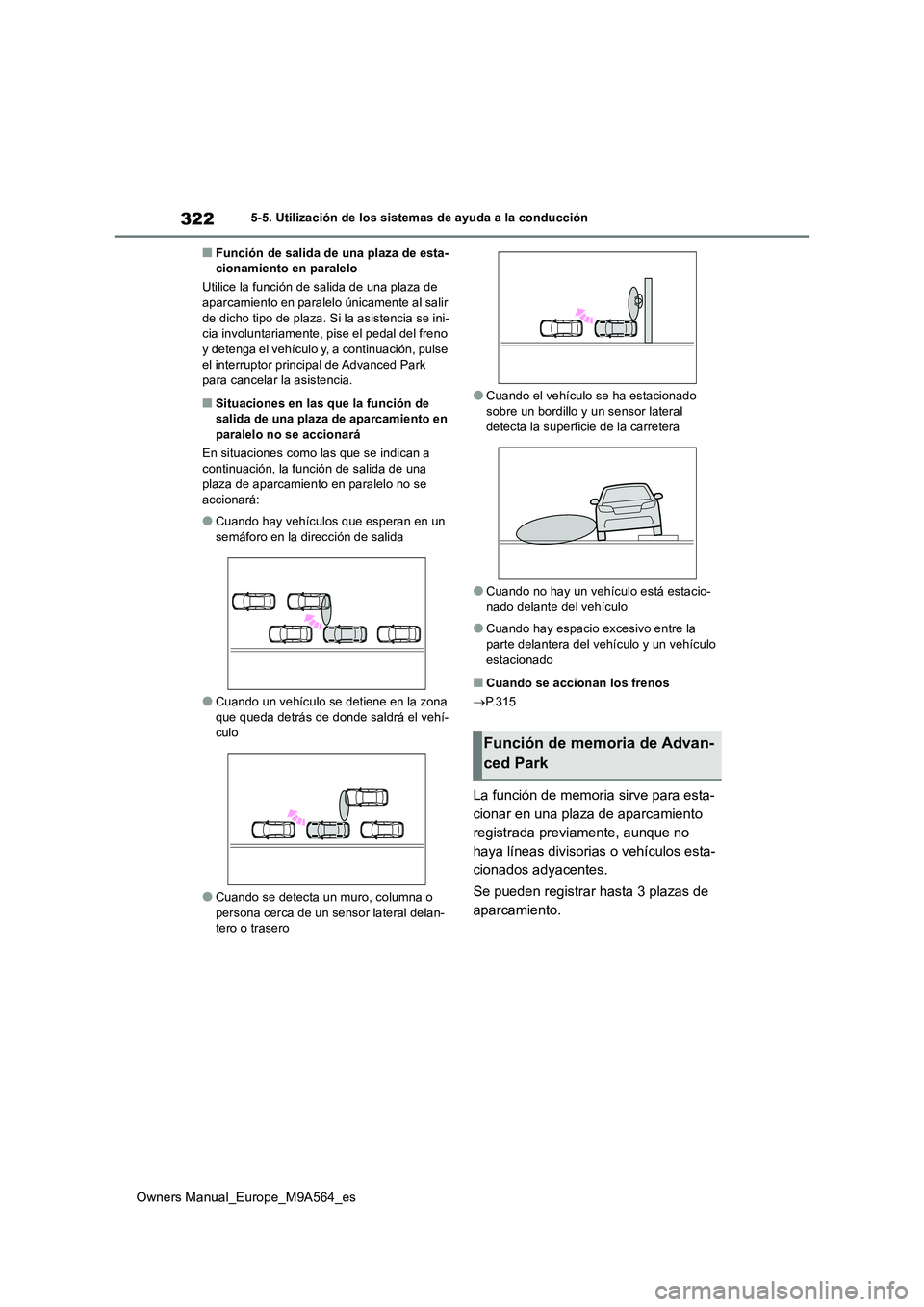 TOYOTA MIRAI 2023 Manual del propietario (in Spanish) 322
Owners Manual_Europe_M9A564_es
5-5. Utilización de los sistemas de ayuda a la conducción
■Función de salida de una plaza de esta- cionamiento en paralelo
Utilice la función de salida de una TOYOTA MIRAI 2023 Manual del propietario (in Spanish) 322
Owners Manual_Europe_M9A564_es
5-5. Utilización de los sistemas de ayuda a la conducción
■Función de salida de una plaza de esta- cionamiento en paralelo
Utilice la función de salida de una