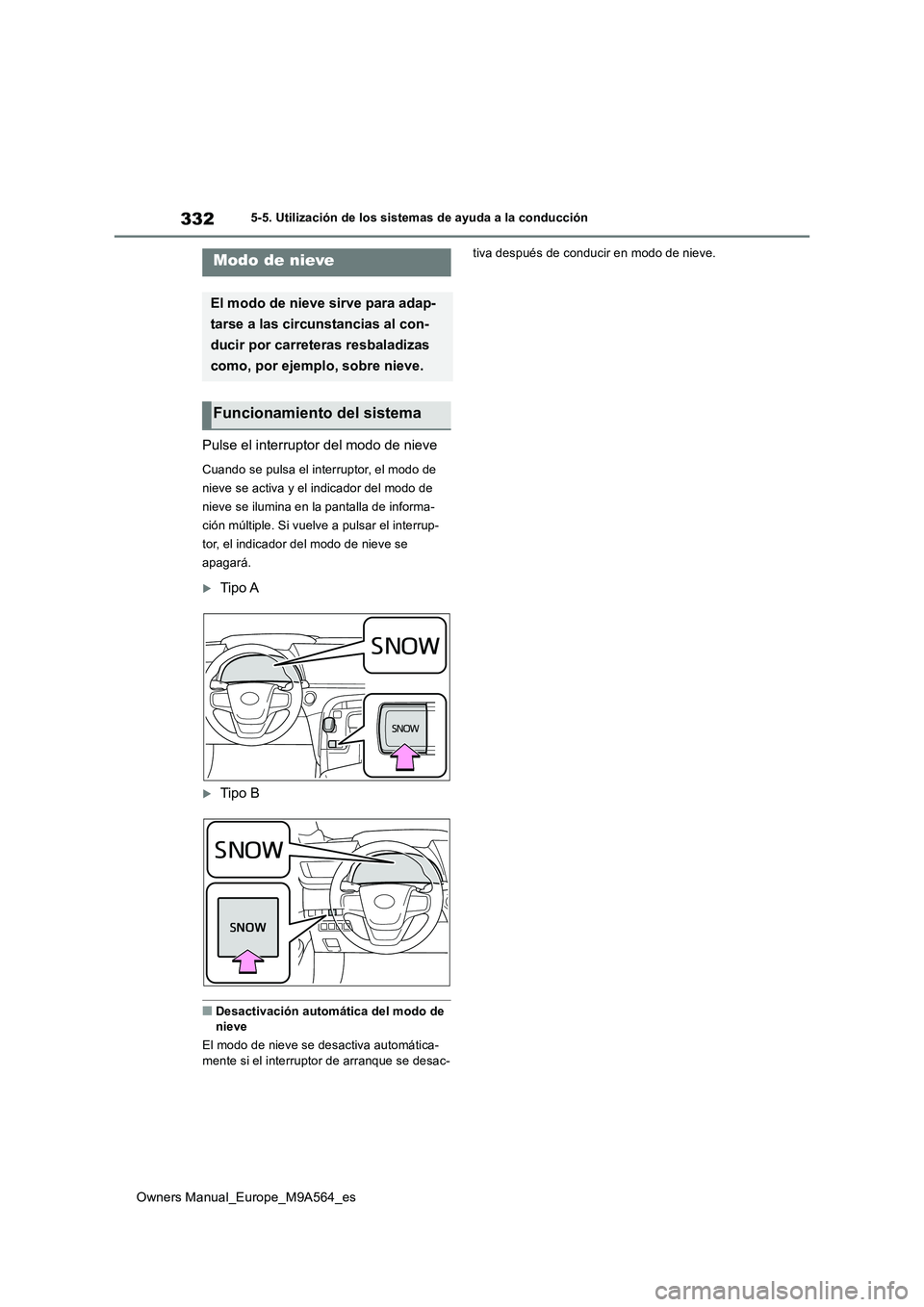 TOYOTA MIRAI 2023 Manual del propietario (in Spanish) 332
Owners Manual_Europe_M9A564_es
5-5. Utilización de los sistemas de ayuda a la conducción
Pulse el interruptor del modo de nieve
Cuando se pulsa el interruptor, el modo de
nieve se activa y el TOYOTA MIRAI 2023 Manual del propietario (in Spanish) 332
Owners Manual_Europe_M9A564_es
5-5. Utilización de los sistemas de ayuda a la conducción
Pulse el interruptor del modo de nieve
Cuando se pulsa el interruptor, el modo de
nieve se activa y el