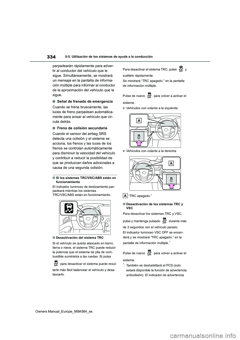 TOYOTA MIRAI 2023 Manual del propietario (in Spanish) 334
Owners Manual_Europe_M9A564_es
5-5. Utilización de los sistemas de ayuda a la conducción
parpadearán rápidamente para adver-
tir al conductor del vehículo que le
sigue. Simultáneamente, se TOYOTA MIRAI 2023 Manual del propietario (in Spanish) 334
Owners Manual_Europe_M9A564_es
5-5. Utilización de los sistemas de ayuda a la conducción
parpadearán rápidamente para adver-
tir al conductor del vehículo que le
sigue. Simultáneamente, se