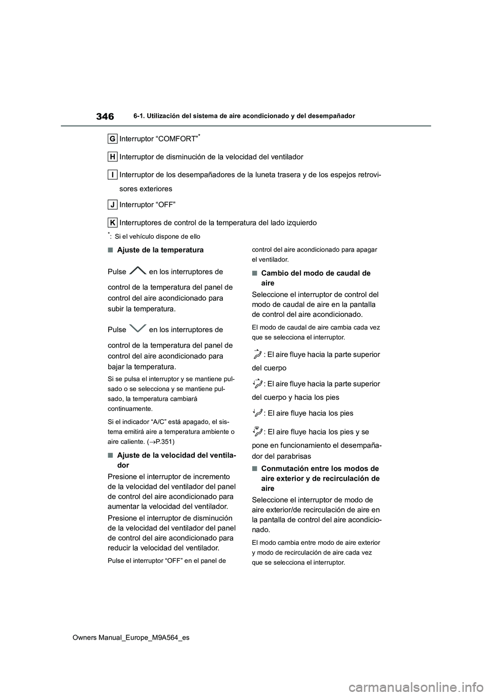 TOYOTA MIRAI 2023  Manual del propietario (in Spanish) 346
Owners Manual_Europe_M9A564_es
6-1. Utilización del sistema de aire acondicionado y del desempañador
Interruptor “COMFORT”*
Interruptor de disminución de la velocidad del ventilador 
Interr