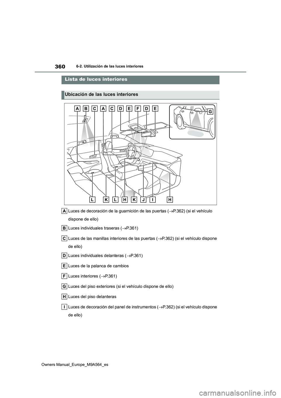 TOYOTA MIRAI 2023 Manual del propietario (in Spanish) 360
Owners Manual_Europe_M9A564_es
6-2. Utilización de las luces interiores
6-2.Utiliz ación de la s luc es in teriores
Luces de decoración de la guarnición de las puertas (P.362) (si el vehíc TOYOTA MIRAI 2023 Manual del propietario (in Spanish) 360
Owners Manual_Europe_M9A564_es
6-2. Utilización de las luces interiores
6-2.Utiliz ación de la s luc es in teriores
Luces de decoración de la guarnición de las puertas (P.362) (si el vehíc
