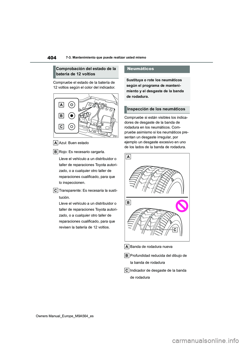 TOYOTA MIRAI 2023  Manual del propietario (in Spanish) 404
Owners Manual_Europe_M9A564_es
7-3. Mantenimiento que puede realizar usted mismo
Compruebe el estado de la batería de  
12 voltios según el color del indicador. 
Azul: Buen estado 
Rojo: Es nece