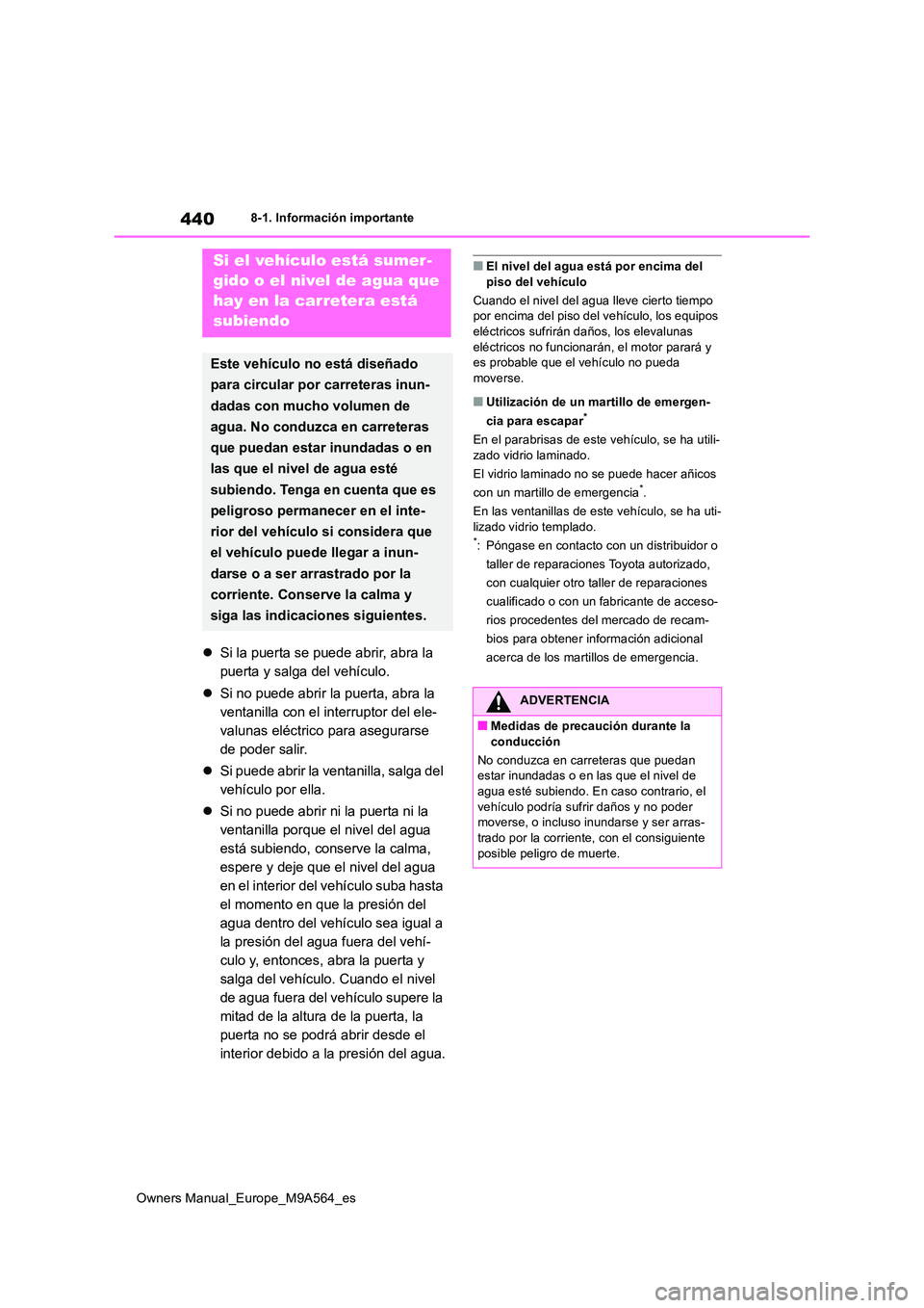 TOYOTA MIRAI 2023 Manual del propietario (in Spanish) 440
Owners Manual_Europe_M9A564_es
8-1. Información importante
Si la puerta se puede abrir, abra la
puerta y salga del vehículo.
Si no puede abrir la puerta, abra la
ventanilla con el in TOYOTA MIRAI 2023 Manual del propietario (in Spanish) 440
Owners Manual_Europe_M9A564_es
8-1. Información importante
Si la puerta se puede abrir, abra la
puerta y salga del vehículo.
Si no puede abrir la puerta, abra la
ventanilla con el in