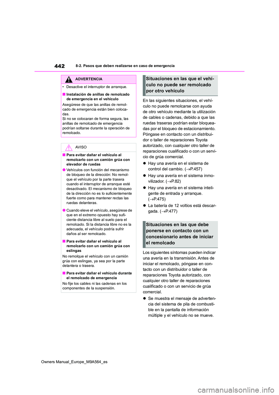 TOYOTA MIRAI 2023 Manual del propietario (in Spanish) 442
Owners Manual_Europe_M9A564_es
8-2. Pasos que deben realizarse en caso de emergencia
En las siguientes situaciones, el vehí-
culo no puede remolcarse con ayuda
de otro vehículo mediante la uti TOYOTA MIRAI 2023 Manual del propietario (in Spanish) 442
Owners Manual_Europe_M9A564_es
8-2. Pasos que deben realizarse en caso de emergencia
En las siguientes situaciones, el vehí-
culo no puede remolcarse con ayuda
de otro vehículo mediante la uti