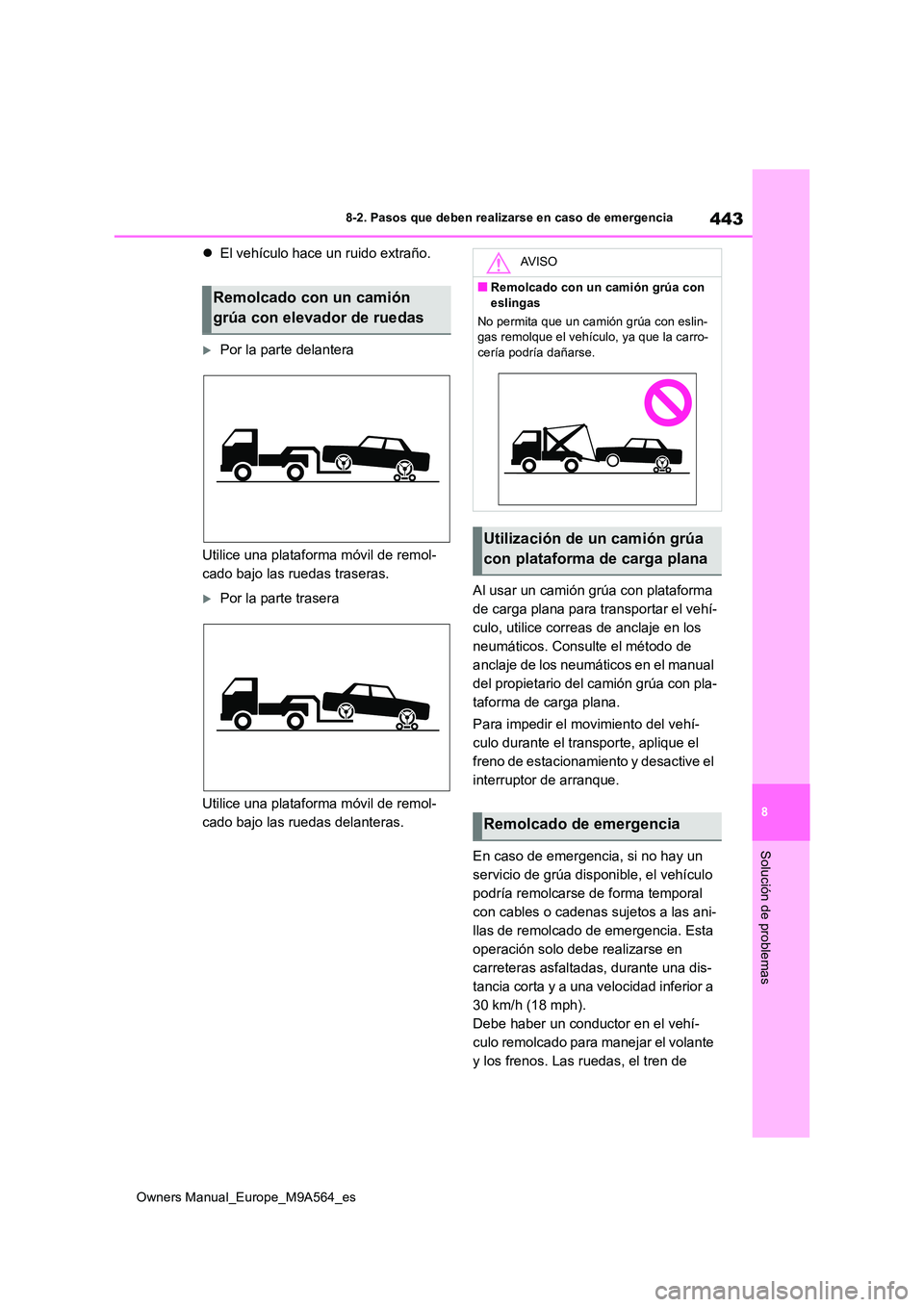 TOYOTA MIRAI 2023 Manual del propietario (in Spanish) 443
8
Owners Manual_Europe_M9A564_es
8-2. Pasos que deben realizarse en caso de emergencia
Solución de problemas
El vehículo hace un ruido extraño.
Por la parte delantera
Utilice una platafo TOYOTA MIRAI 2023 Manual del propietario (in Spanish) 443
8
Owners Manual_Europe_M9A564_es
8-2. Pasos que deben realizarse en caso de emergencia
Solución de problemas
El vehículo hace un ruido extraño.
Por la parte delantera
Utilice una platafo