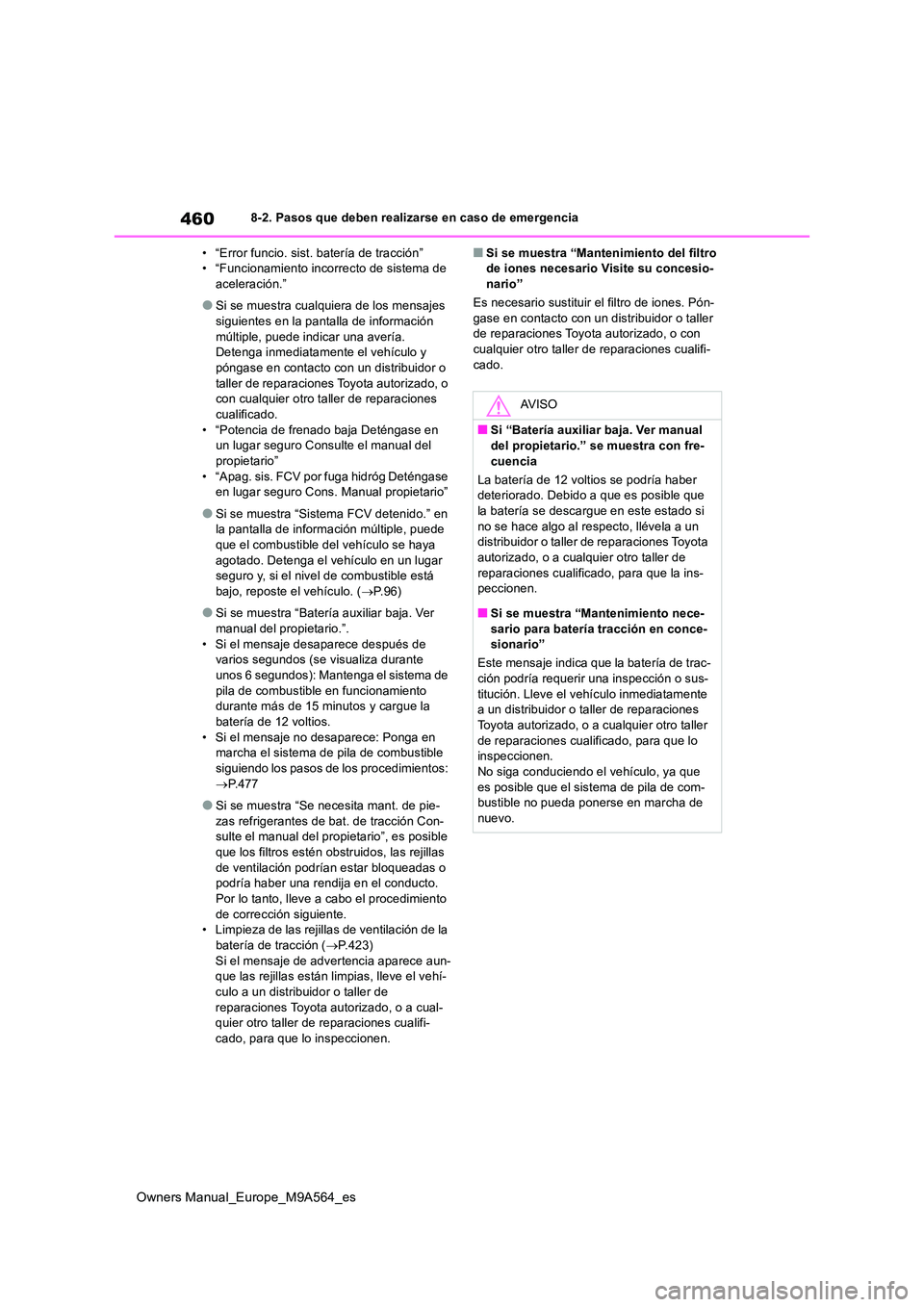 TOYOTA MIRAI 2023 Manual del propietario (in Spanish) 460
Owners Manual_Europe_M9A564_es
8-2. Pasos que deben realizarse en caso de emergencia
• “Error funcio. sist. batería de tracción” • “Funcionamiento incorrecto de sistema de aceleració TOYOTA MIRAI 2023 Manual del propietario (in Spanish) 460
Owners Manual_Europe_M9A564_es
8-2. Pasos que deben realizarse en caso de emergencia
• “Error funcio. sist. batería de tracción” • “Funcionamiento incorrecto de sistema de aceleració
