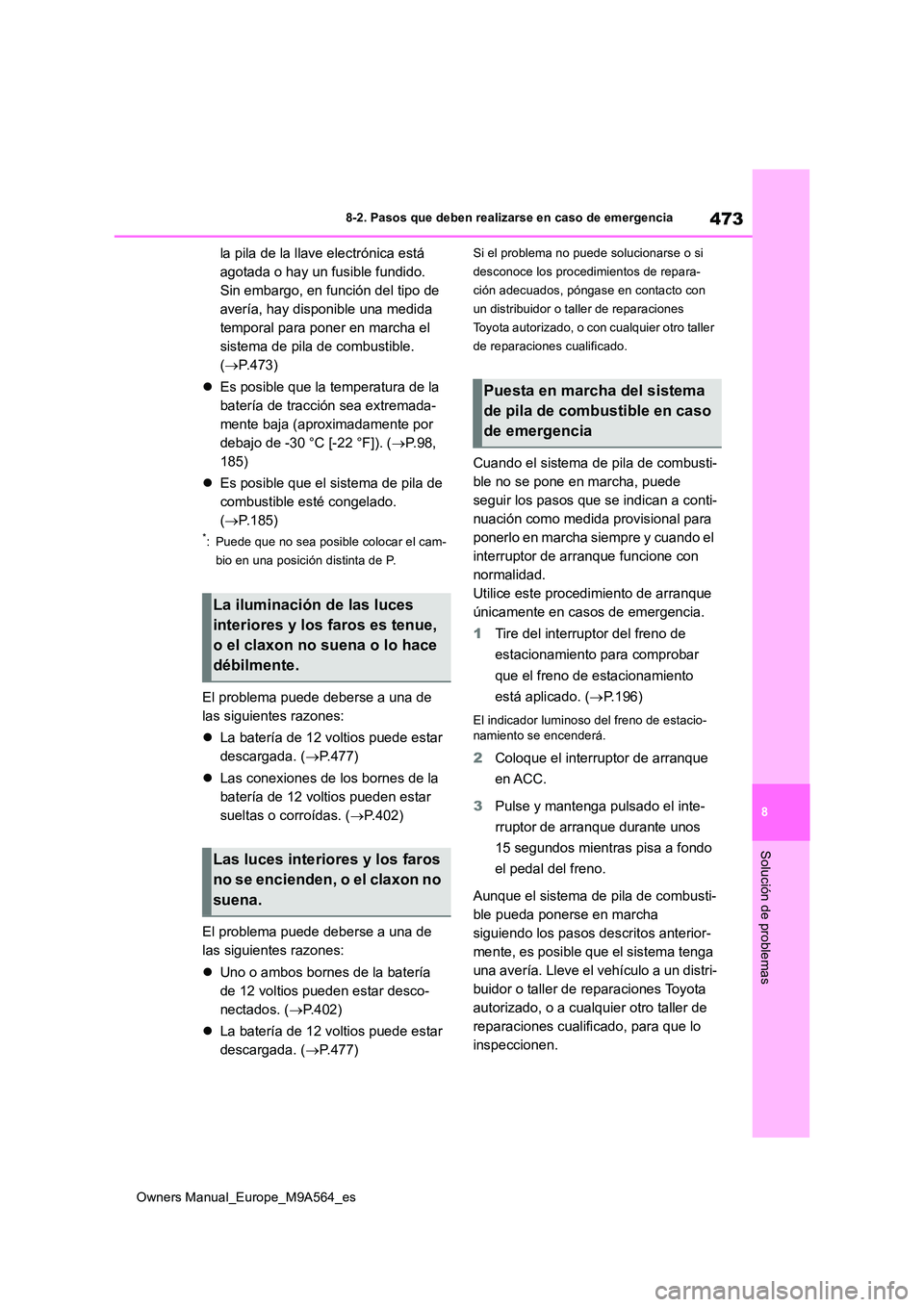 TOYOTA MIRAI 2023 Manual del propietario (in Spanish) 473
8
Owners Manual_Europe_M9A564_es
8-2. Pasos que deben realizarse en caso de emergencia
Solución de problemas
la pila de la llave electrónica está
agotada o hay un fusible fundido.
Sin embarg TOYOTA MIRAI 2023 Manual del propietario (in Spanish) 473
8
Owners Manual_Europe_M9A564_es
8-2. Pasos que deben realizarse en caso de emergencia
Solución de problemas
la pila de la llave electrónica está
agotada o hay un fusible fundido.
Sin embarg