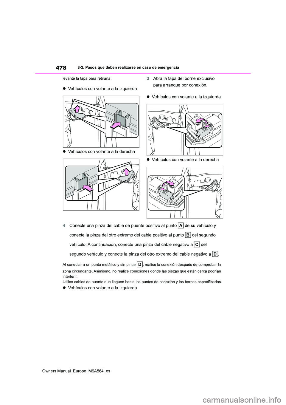 TOYOTA MIRAI 2023 Manual del propietario (in Spanish) 478
Owners Manual_Europe_M9A564_es
8-2. Pasos que deben realizarse en caso de emergencia
levante la tapa para retirarla.
Vehículos con volante a la izquierda
Vehículos con volante a la der TOYOTA MIRAI 2023 Manual del propietario (in Spanish) 478
Owners Manual_Europe_M9A564_es
8-2. Pasos que deben realizarse en caso de emergencia
levante la tapa para retirarla.
Vehículos con volante a la izquierda
Vehículos con volante a la der