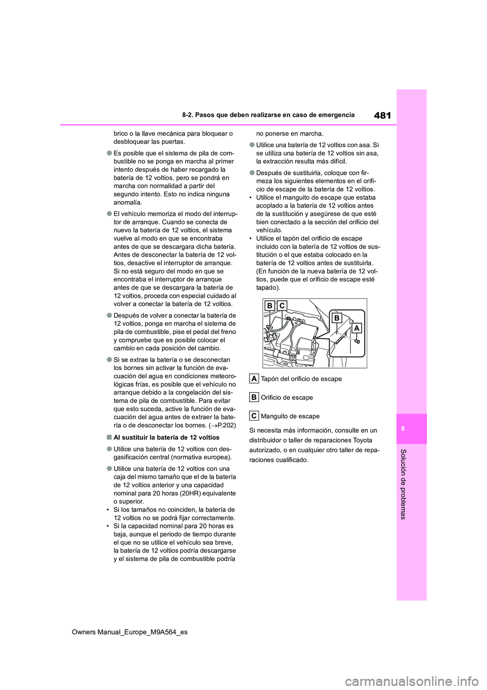 TOYOTA MIRAI 2023  Manual del propietario (in Spanish) 481
8
Owners Manual_Europe_M9A564_es
8-2. Pasos que deben realizarse en caso de emergencia
Solución de problemas
brico o la llave mecánica para bloquear o  desbloquear las puertas.
●Es posible que
