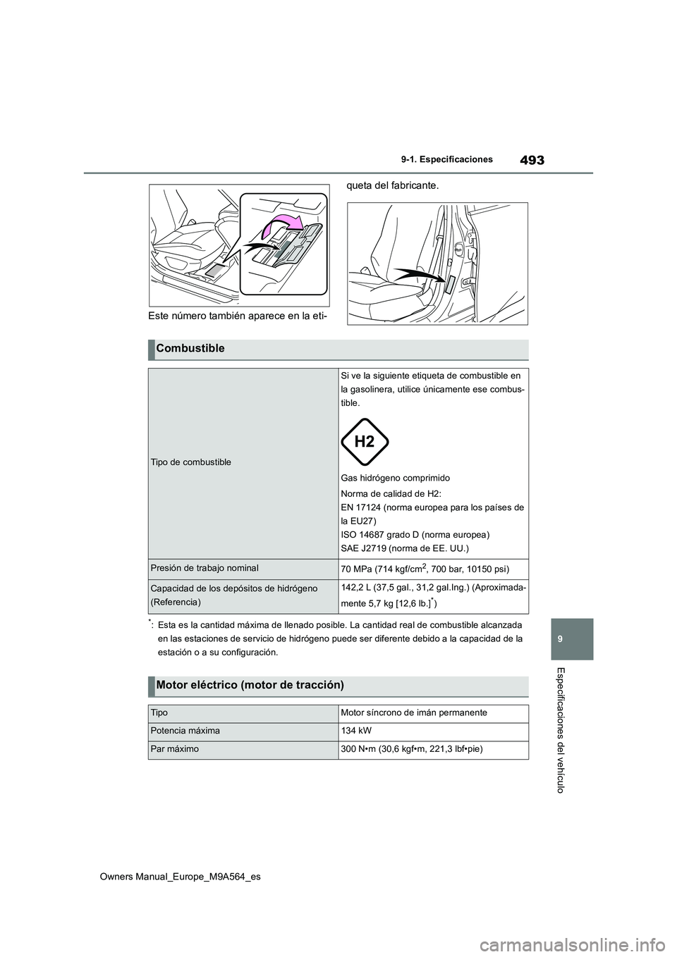 TOYOTA MIRAI 2023 Manual del propietario (in Spanish) 493
9
Owners Manual_Europe_M9A564_es
9-1. Especificaciones
Especificaciones del vehículo
Este número también aparece en la eti-
queta del fabricante.
*: Esta es la cantidad máxima de llenado posi TOYOTA MIRAI 2023 Manual del propietario (in Spanish) 493
9
Owners Manual_Europe_M9A564_es
9-1. Especificaciones
Especificaciones del vehículo
Este número también aparece en la eti-
queta del fabricante.
*: Esta es la cantidad máxima de llenado posi