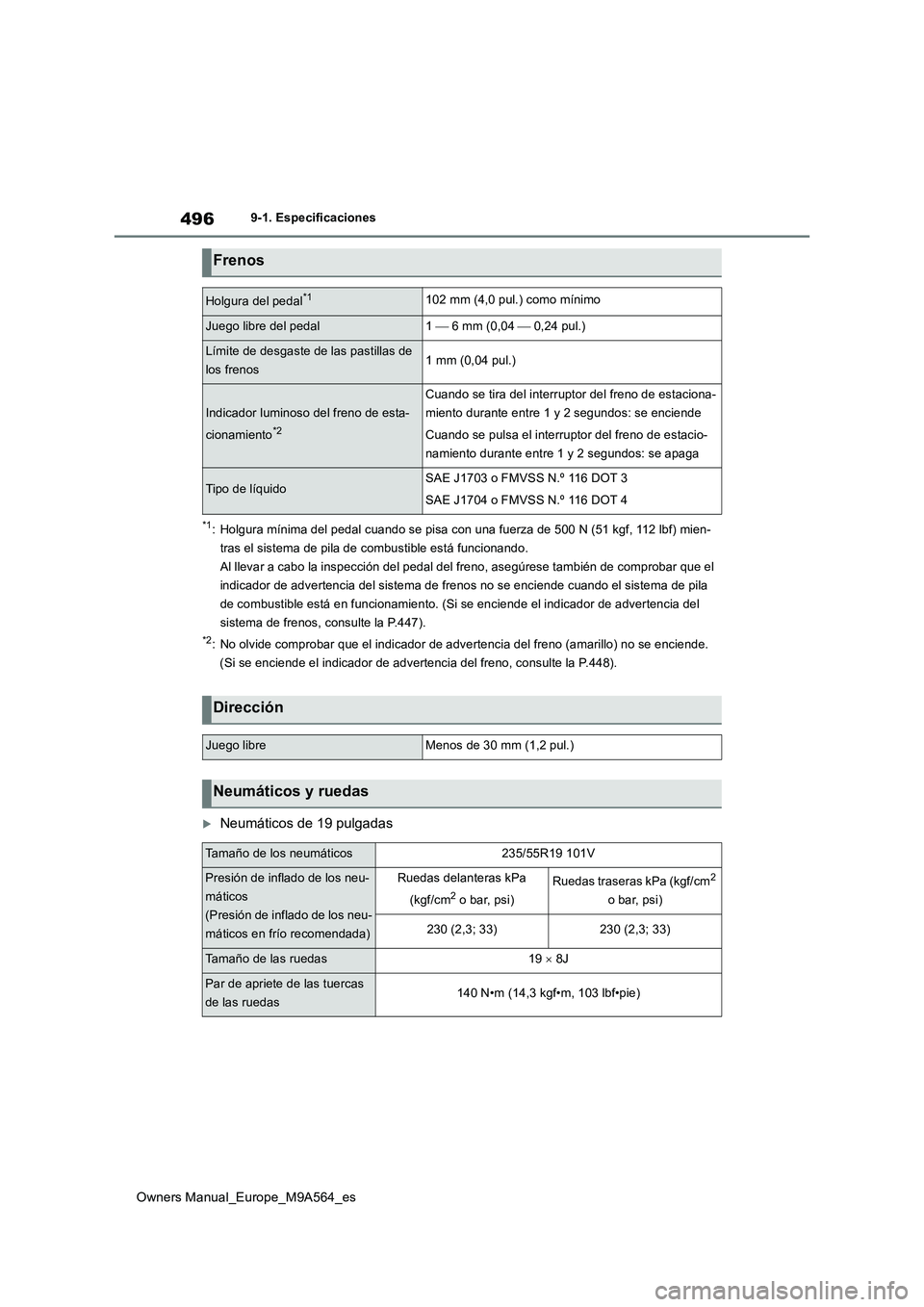 TOYOTA MIRAI 2023 Manual del propietario (in Spanish) 496
Owners Manual_Europe_M9A564_es
9-1. Especificaciones
*1: Holgura mínima del pedal cuando se pisa con una fuerza de 500 N (51 kgf, 112 lbf) mien-
tras el sistema de pila de combustible está func TOYOTA MIRAI 2023 Manual del propietario (in Spanish) 496
Owners Manual_Europe_M9A564_es
9-1. Especificaciones
*1: Holgura mínima del pedal cuando se pisa con una fuerza de 500 N (51 kgf, 112 lbf) mien-
tras el sistema de pila de combustible está func