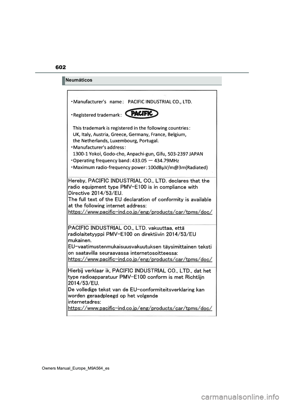 TOYOTA MIRAI 2023 Manual del propietario (in Spanish) 602
Owners Manual_Europe_M9A564_es
Neumáticos TOYOTA MIRAI 2023 Manual del propietario (in Spanish) 602
Owners Manual_Europe_M9A564_es
Neumáticos
