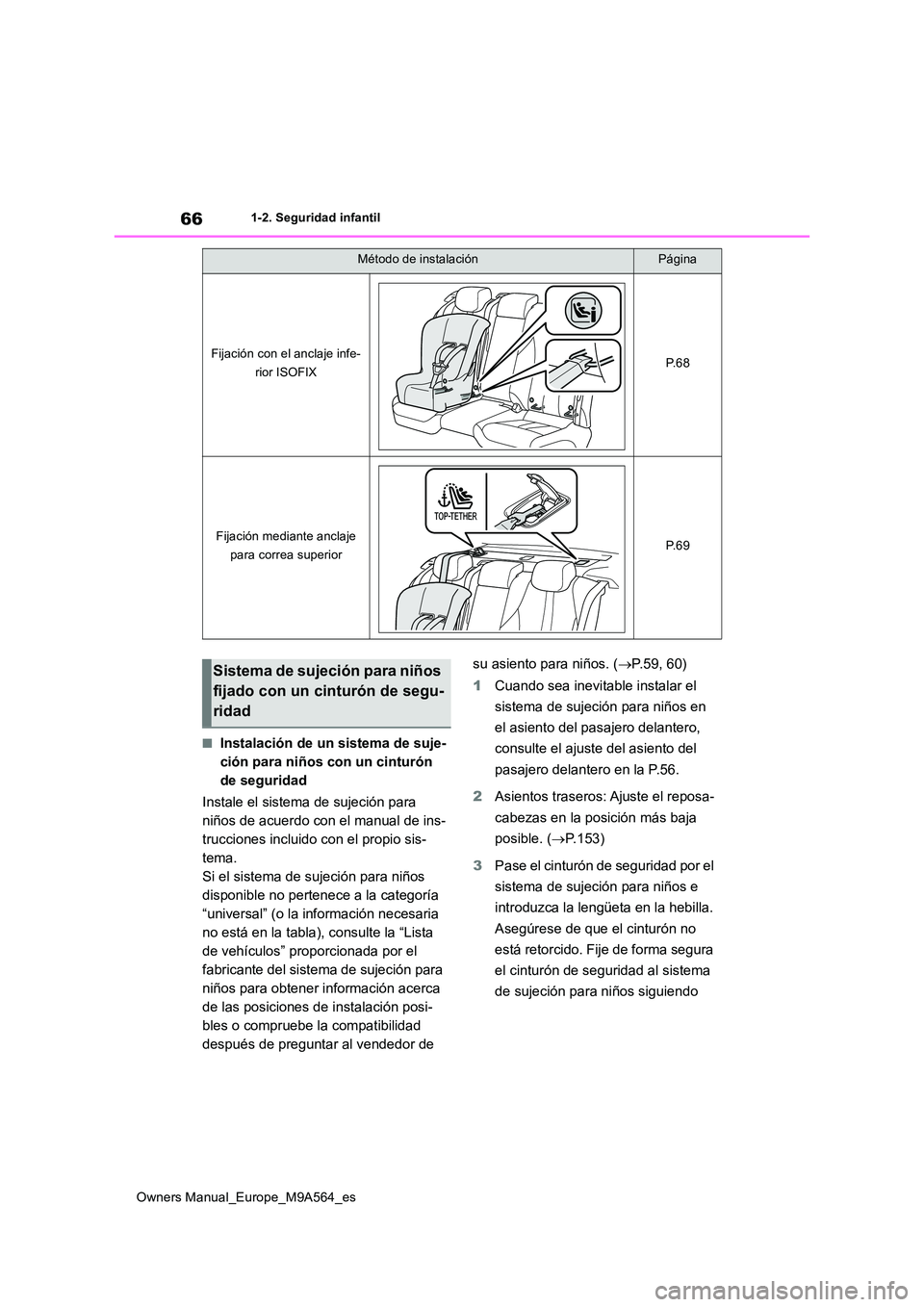 TOYOTA MIRAI 2023 Manual del propietario (in Spanish) 66
Owners Manual_Europe_M9A564_es
1-2. Seguridad infantil
■Instalación de un sistema de suje-
ción para niños con un cinturón
de seguridad
Instale el sistema de sujeción para
niños de acu TOYOTA MIRAI 2023 Manual del propietario (in Spanish) 66
Owners Manual_Europe_M9A564_es
1-2. Seguridad infantil
■Instalación de un sistema de suje-
ción para niños con un cinturón
de seguridad
Instale el sistema de sujeción para
niños de acu