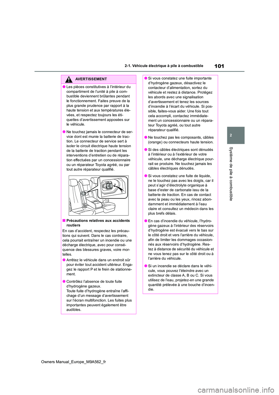 TOYOTA MIRAI 2023  Manuel du propriétaire (in French) 101
2
Owners Manual_Europe_M9A562_fr
2-1. Véhicule électrique à pile à combustible
Système de pile à combustible
AVERTISSEMENT
●Les pièces constitutives à l’intérieur du  
compartiment de