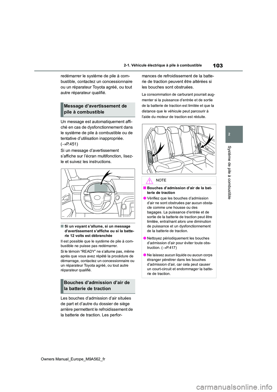 TOYOTA MIRAI 2023  Manuel du propriétaire (in French) 103
2
Owners Manual_Europe_M9A562_fr
2-1. Véhicule électrique à pile à combustible
Système de pile à combustible
redémarrer le système de pile à com- 
bustible, contactez un concessionnaire 
