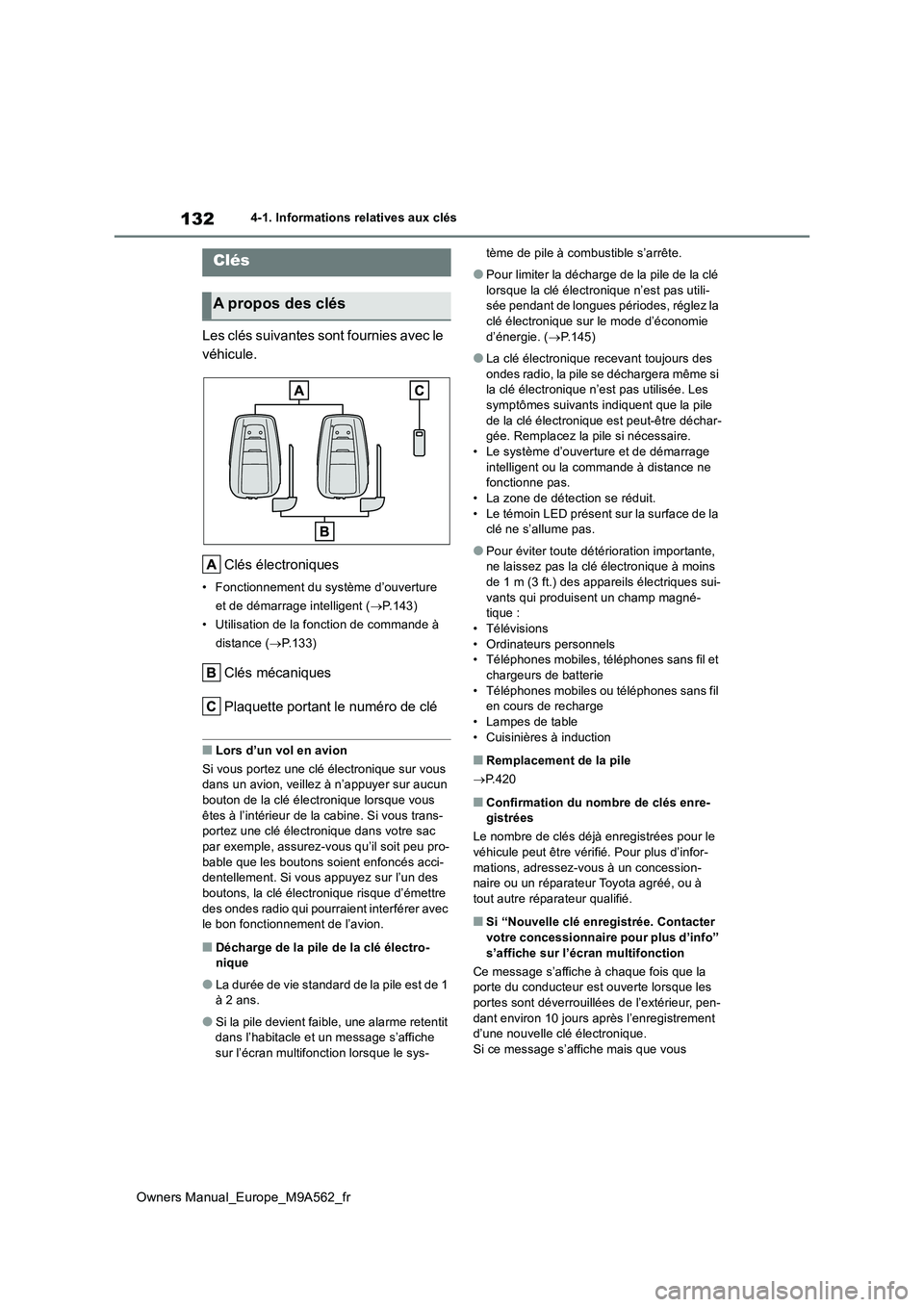 TOYOTA MIRAI 2023  Manuel du propriétaire (in French) 132
Owners Manual_Europe_M9A562_fr
4-1. Informations relatives aux clés
4-1.Informations relatives aux clés
Les clés suivantes sont fournies avec le  
véhicule. 
Clés électroniques
• Fonctionn