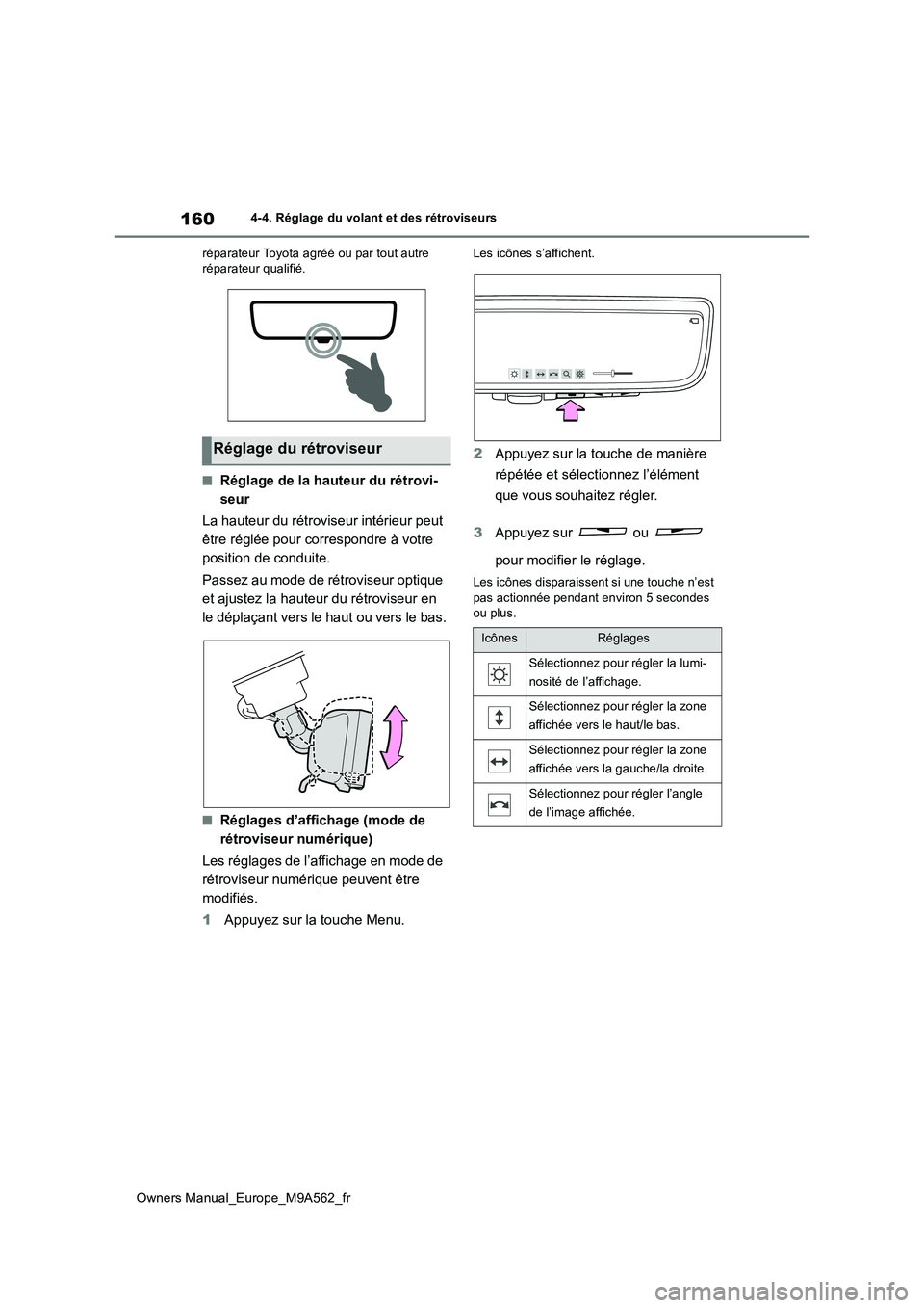 TOYOTA MIRAI 2023  Manuel du propriétaire (in French) 160
Owners Manual_Europe_M9A562_fr
4-4. Réglage du volant et des rétroviseurs 
réparateur Toyota agréé ou par tout autre  réparateur qualifié.
■Réglage de la hauteur du rétrovi- 
seur 
La h