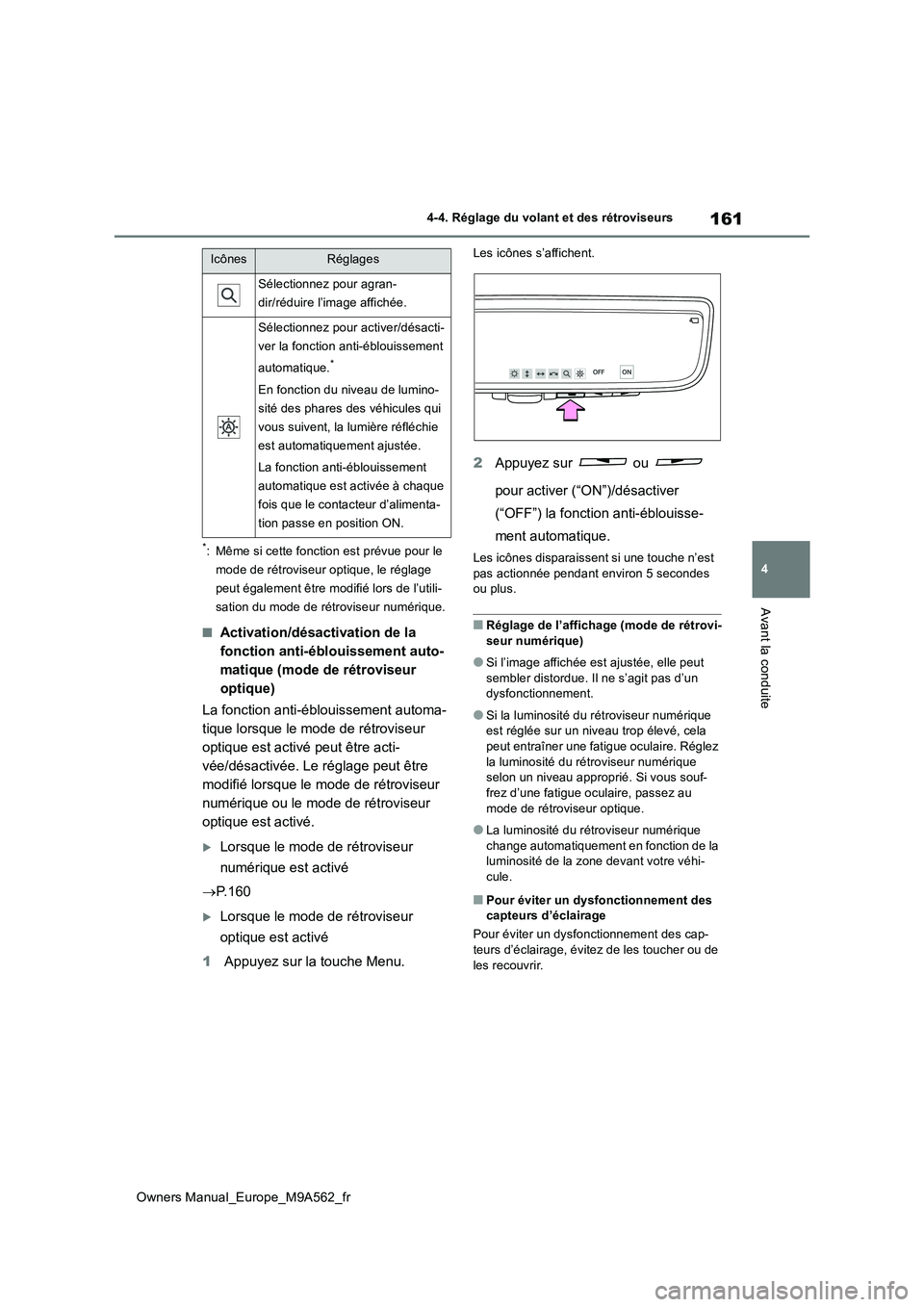 TOYOTA MIRAI 2023  Manuel du propriétaire (in French) 161
4
Owners Manual_Europe_M9A562_fr
4-4. Réglage du volant et des rétroviseurs
Avant la conduite
*: Même si cette fonction est prévue pour le  
mode de rétroviseur optique, le réglage 
peut ég