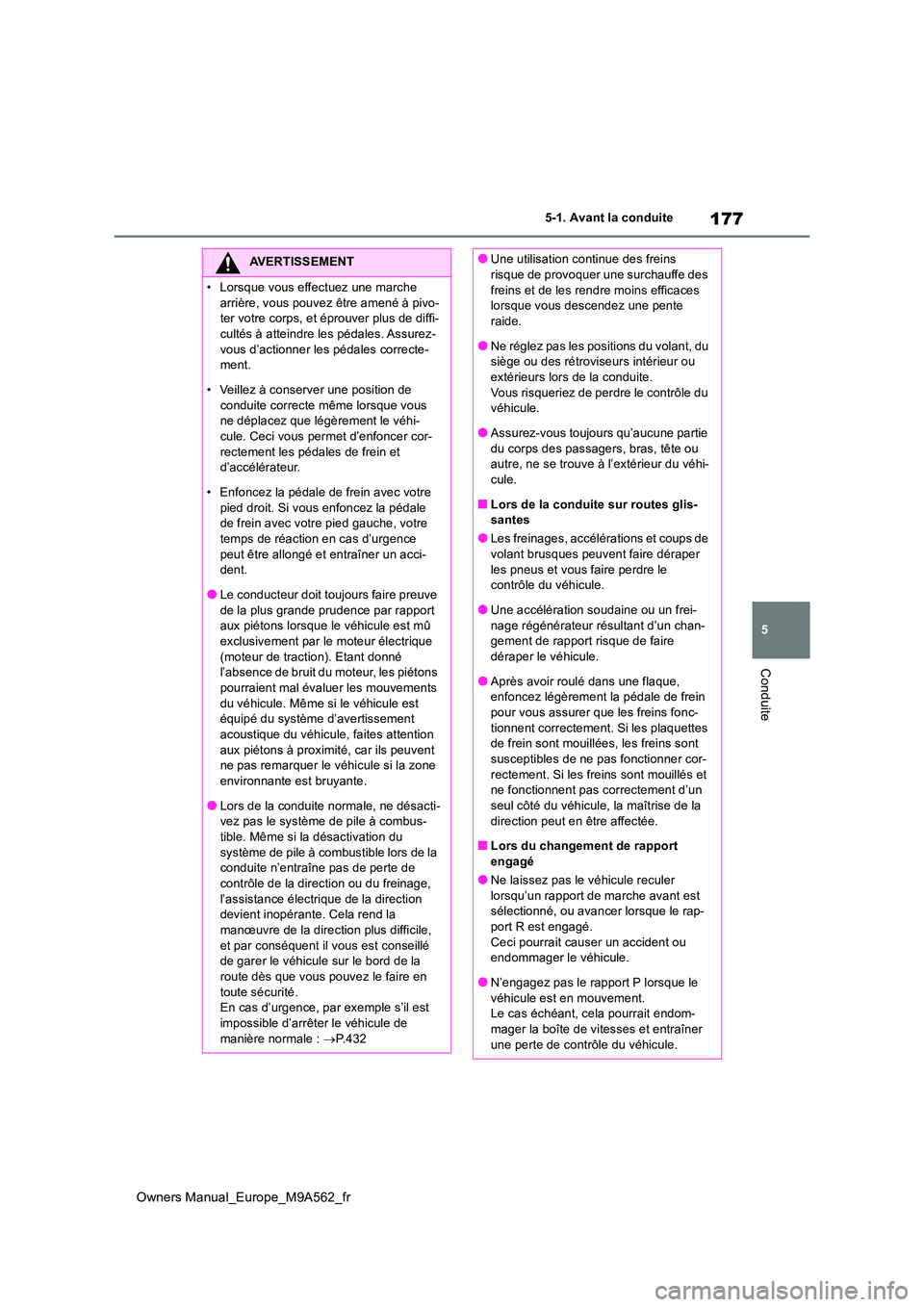 TOYOTA MIRAI 2023  Manuel du propriétaire (in French) 177
5
Owners Manual_Europe_M9A562_fr
5-1. Avant la conduite
Conduite
AVERTISSEMENT
�