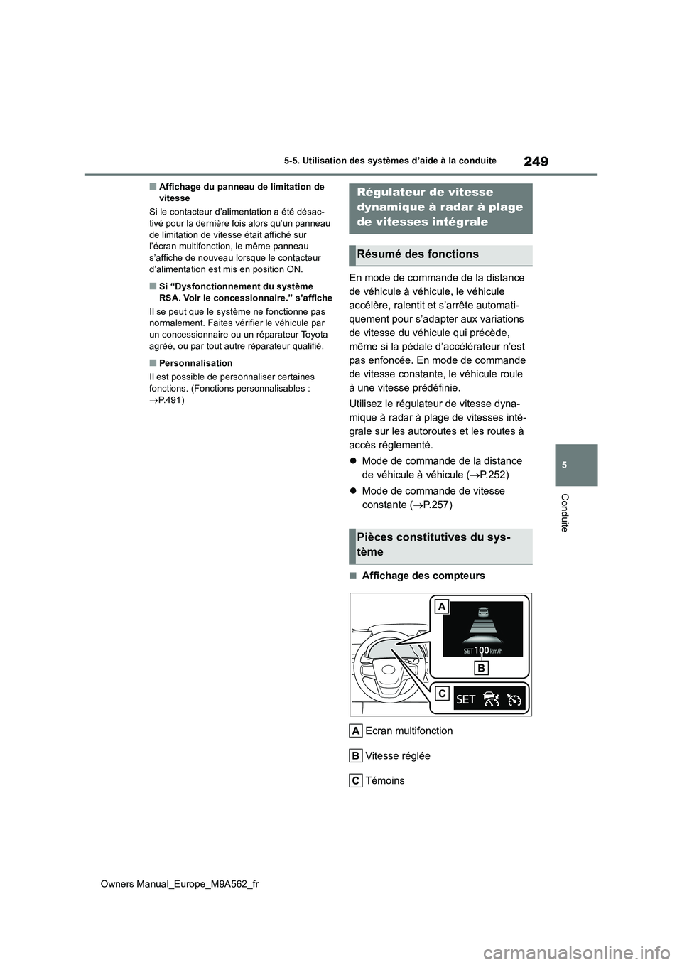 TOYOTA MIRAI 2023 Manuel du propriétaire (in French) 249
5
Owners Manual_Europe_M9A562_fr
5-5. Utilisation des systèmes d’aide à la conduite
Conduite
■Affichage du panneau de limitation de vitesse
Si le contacteur d’alimentation a été désac TOYOTA MIRAI 2023 Manuel du propriétaire (in French) 249
5
Owners Manual_Europe_M9A562_fr
5-5. Utilisation des systèmes d’aide à la conduite
Conduite
■Affichage du panneau de limitation de vitesse
Si le contacteur d’alimentation a été désac