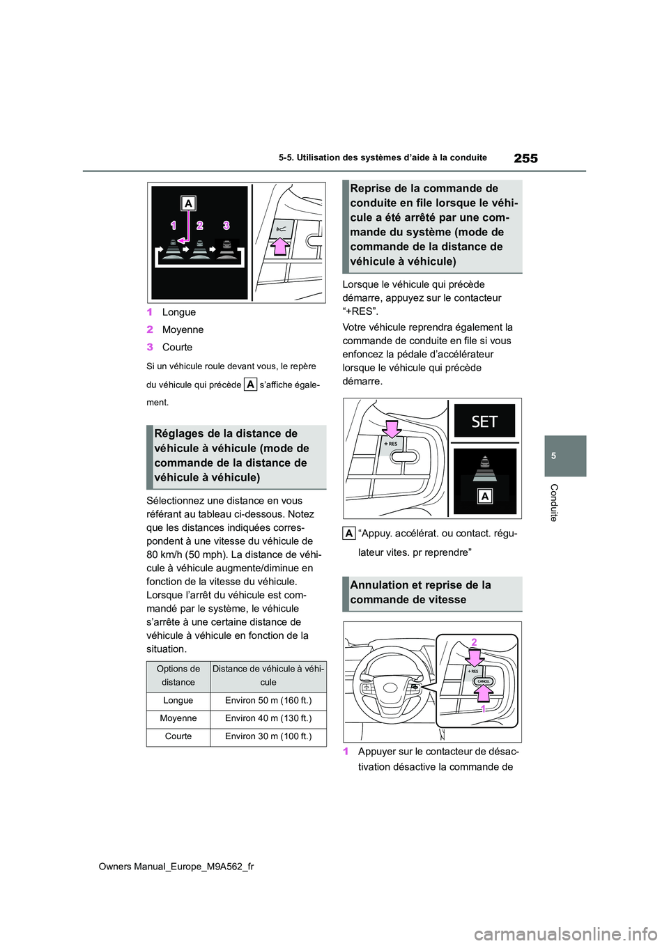 TOYOTA MIRAI 2023 Manuel du propriétaire (in French) 255
5
Owners Manual_Europe_M9A562_fr
5-5. Utilisation des systèmes d’aide à la conduite
Conduite
1Longue
2 Moyenne
3 Courte
Si un véhicule roule devant vous, le repère
du véhicule qui préc TOYOTA MIRAI 2023 Manuel du propriétaire (in French) 255
5
Owners Manual_Europe_M9A562_fr
5-5. Utilisation des systèmes d’aide à la conduite
Conduite
1Longue
2 Moyenne
3 Courte
Si un véhicule roule devant vous, le repère
du véhicule qui préc