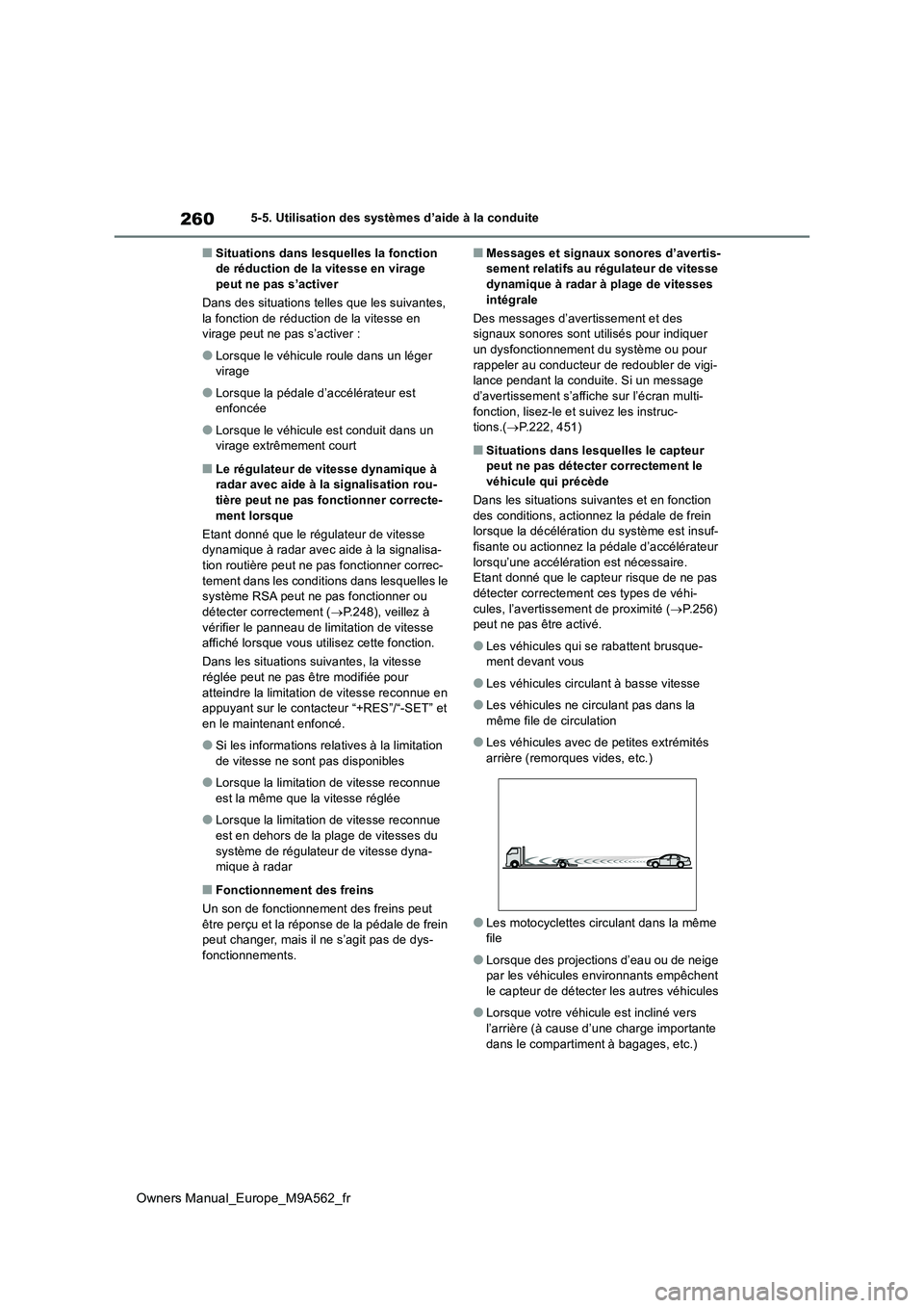 TOYOTA MIRAI 2023 Manuel du propriétaire (in French) 260
Owners Manual_Europe_M9A562_fr
5-5. Utilisation des systèmes d’aide à la conduite
■Situations dans lesquelles la fonction de réduction de la vitesse en virage peut ne pas s’activer
Dans TOYOTA MIRAI 2023 Manuel du propriétaire (in French) 260
Owners Manual_Europe_M9A562_fr
5-5. Utilisation des systèmes d’aide à la conduite
■Situations dans lesquelles la fonction de réduction de la vitesse en virage peut ne pas s’activer
Dans