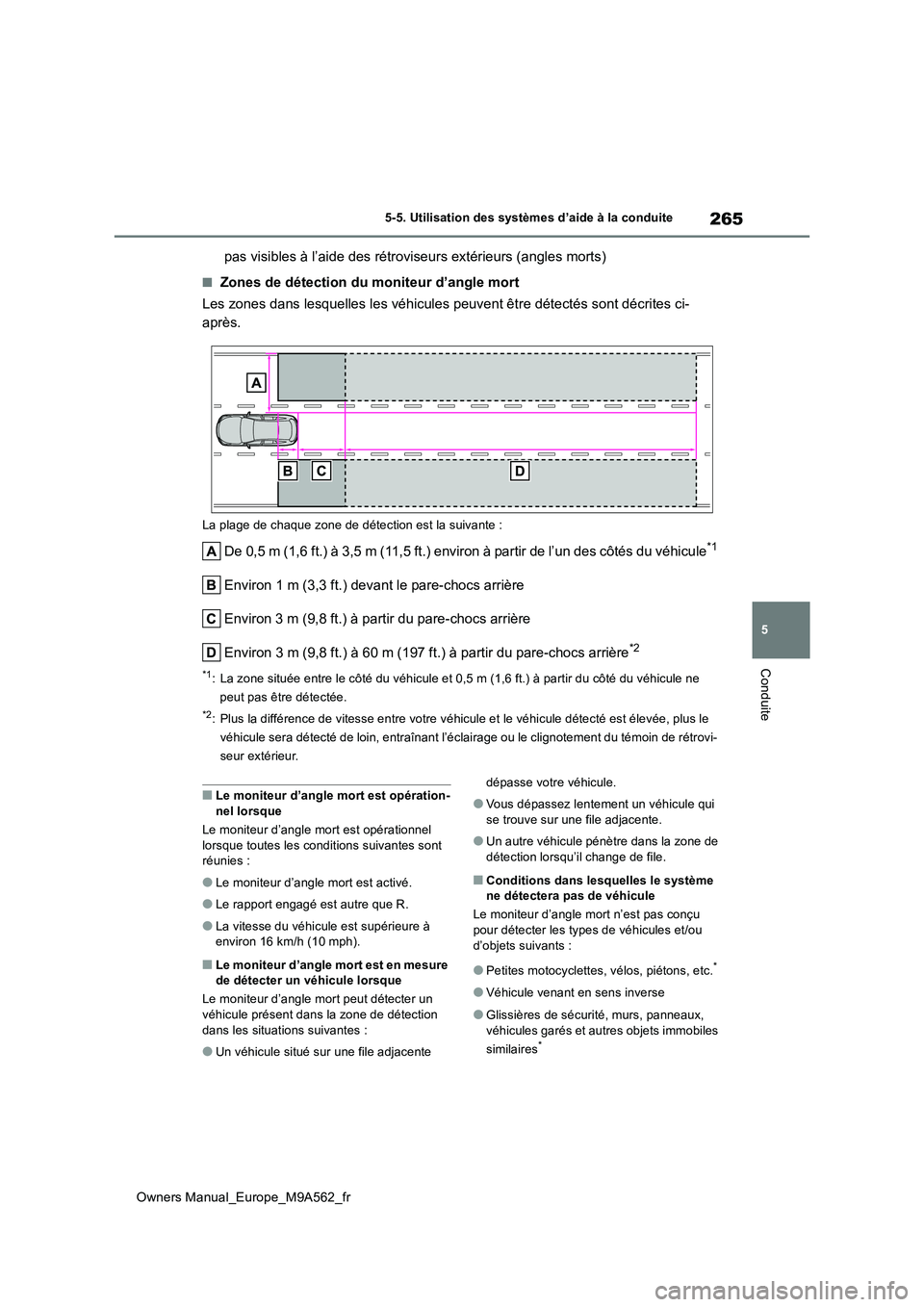 TOYOTA MIRAI 2023 Manuel du propriétaire (in French) 265
5
Owners Manual_Europe_M9A562_fr
5-5. Utilisation des systèmes d’aide à la conduite
Conduite
pas visibles à l’aide des rétroviseurs extérieurs (angles morts)
■Zones de détection du mon TOYOTA MIRAI 2023 Manuel du propriétaire (in French) 265
5
Owners Manual_Europe_M9A562_fr
5-5. Utilisation des systèmes d’aide à la conduite
Conduite
pas visibles à l’aide des rétroviseurs extérieurs (angles morts)
■Zones de détection du mon