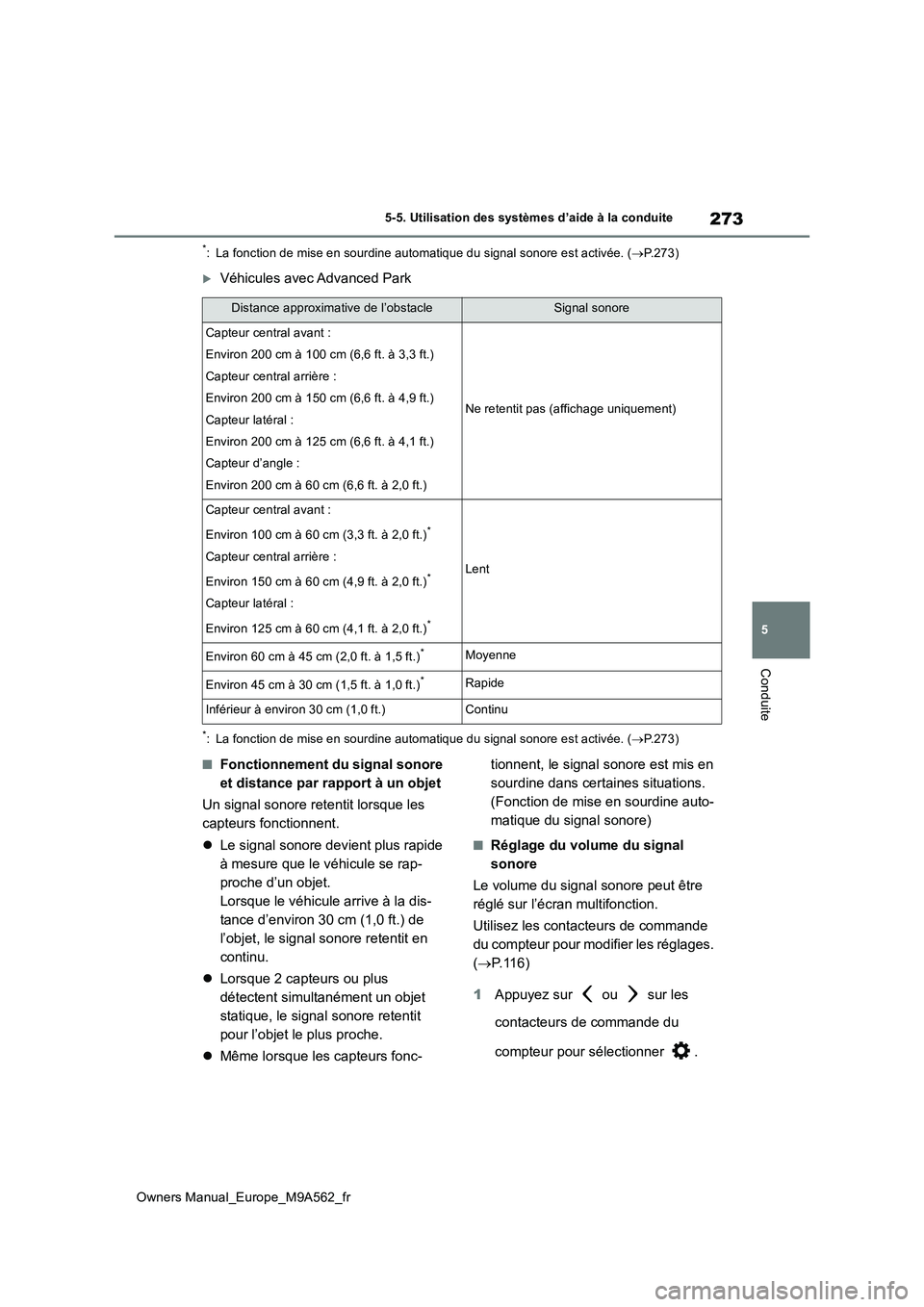 TOYOTA MIRAI 2023 Manuel du propriétaire (in French) 273
5
Owners Manual_Europe_M9A562_fr
5-5. Utilisation des systèmes d’aide à la conduite
Conduite
*: La fonction de mise en sourdine automatique du signal sonore est activée. (P.273)
Véhicu TOYOTA MIRAI 2023 Manuel du propriétaire (in French) 273
5
Owners Manual_Europe_M9A562_fr
5-5. Utilisation des systèmes d’aide à la conduite
Conduite
*: La fonction de mise en sourdine automatique du signal sonore est activée. (P.273)
Véhicu