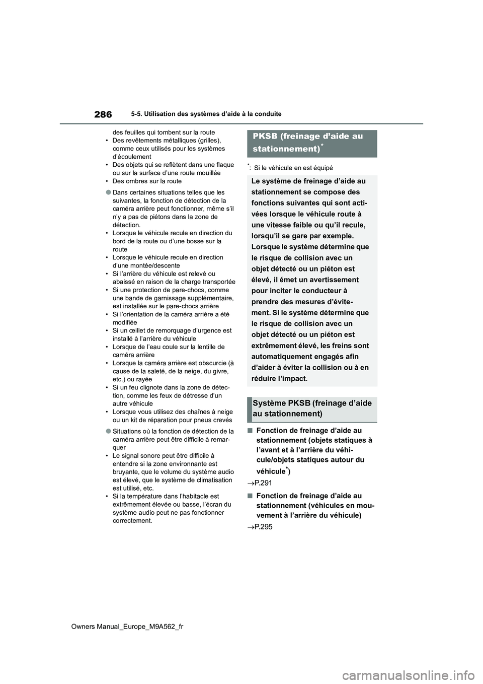 TOYOTA MIRAI 2023 Manuel du propriétaire (in French) 286
Owners Manual_Europe_M9A562_fr
5-5. Utilisation des systèmes d’aide à la conduite
des feuilles qui tombent sur la route • Des revêtements métalliques (grilles), comme ceux utilisés pour TOYOTA MIRAI 2023 Manuel du propriétaire (in French) 286
Owners Manual_Europe_M9A562_fr
5-5. Utilisation des systèmes d’aide à la conduite
des feuilles qui tombent sur la route • Des revêtements métalliques (grilles), comme ceux utilisés pour