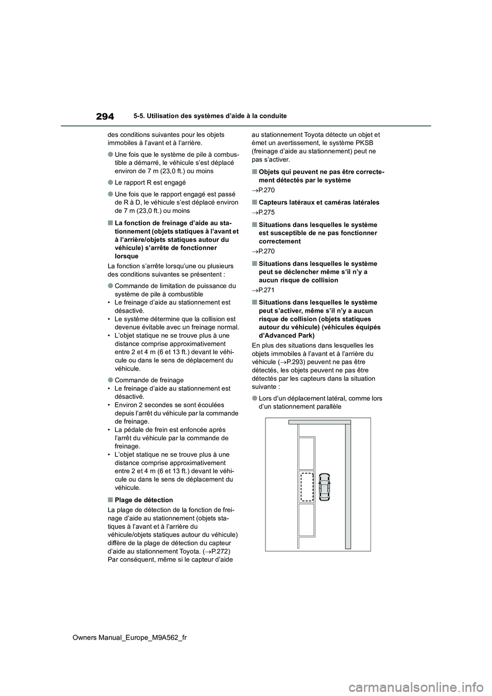 TOYOTA MIRAI 2023  Manuel du propriétaire (in French) 294
Owners Manual_Europe_M9A562_fr
5-5. Utilisation des systèmes d’aide à la conduite 
des conditions suivantes pour les objets  immobiles à l’avant et à l’arrière.
●Une fois que le syst