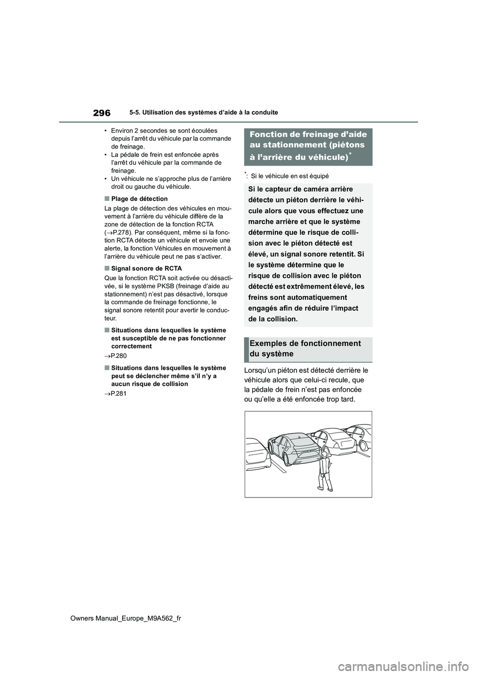 TOYOTA MIRAI 2023  Manuel du propriétaire (in French) 296
Owners Manual_Europe_M9A562_fr
5-5. Utilisation des systèmes d’aide à la conduite 
• Environ 2 secondes se sont écoulées  depuis l’arrêt du véhicule par la commande de freinage. 
• L