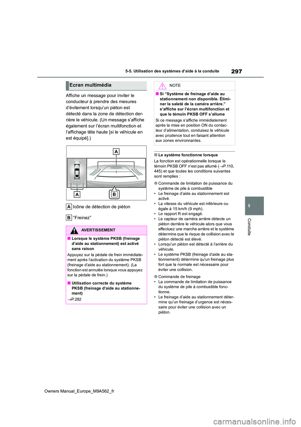 TOYOTA MIRAI 2023  Manuel du propriétaire (in French) 297
5
Owners Manual_Europe_M9A562_fr
5-5. Utilisation des systèmes d’aide à la conduite
Conduite
Affiche un message pour inviter le  
conducteur à prendre des mesures 
d’évitement lorsqu’un 