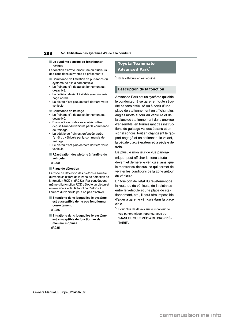 TOYOTA MIRAI 2023  Manuel du propriétaire (in French) 298
Owners Manual_Europe_M9A562_fr
5-5. Utilisation des systèmes d’aide à la conduite
■Le système s’arrête de fonctionner  lorsque 
La fonction s’arrête lorsqu’une ou plusieurs  des con