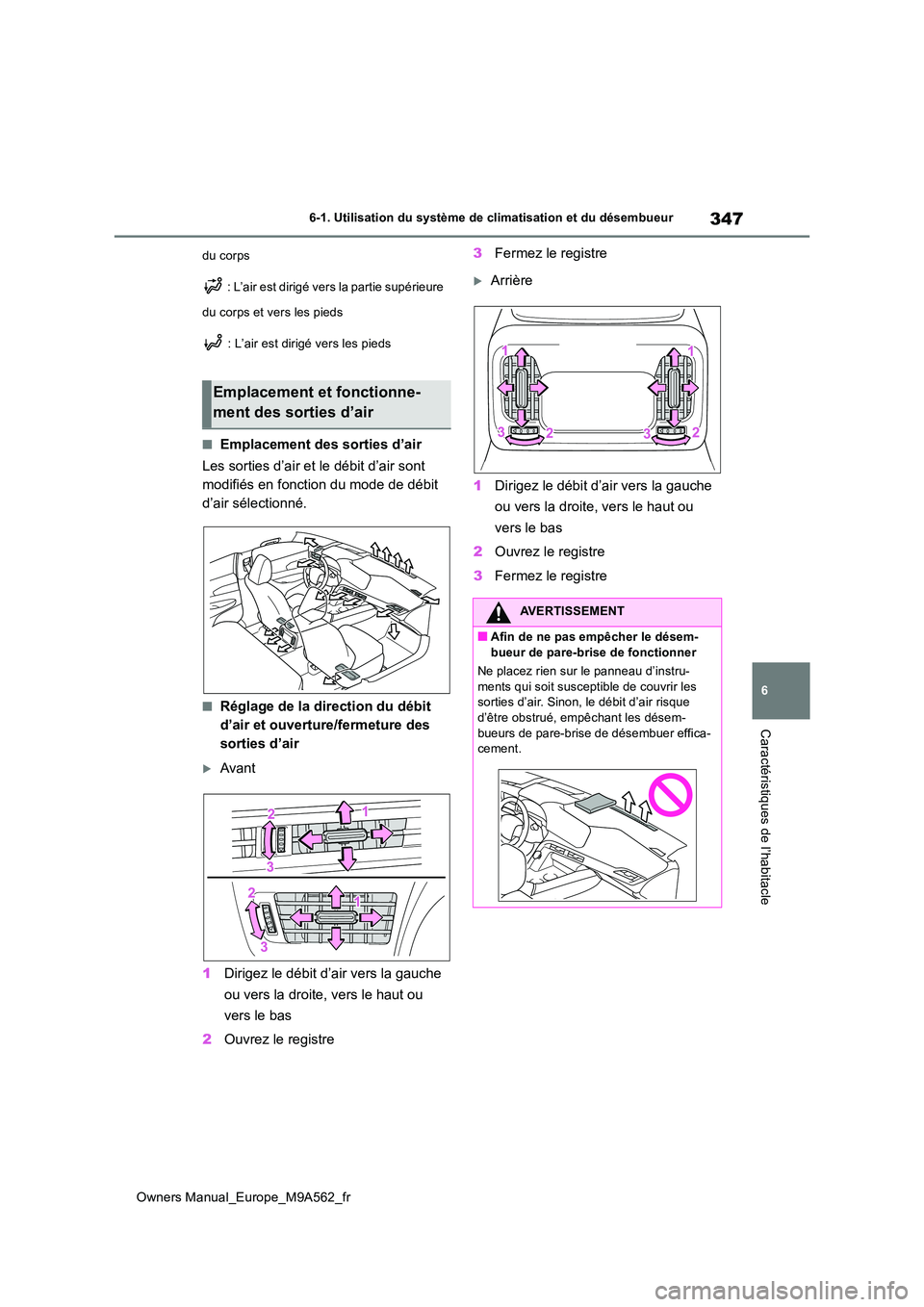 TOYOTA MIRAI 2023  Manuel du propriétaire (in French) 347
6
Owners Manual_Europe_M9A562_fr
6-1. Utilisation du système de climatisation et du désembueur
Caractéristiques de l’habitacle
du corps 
 : L’air est dirigé vers la partie supérieure  
du