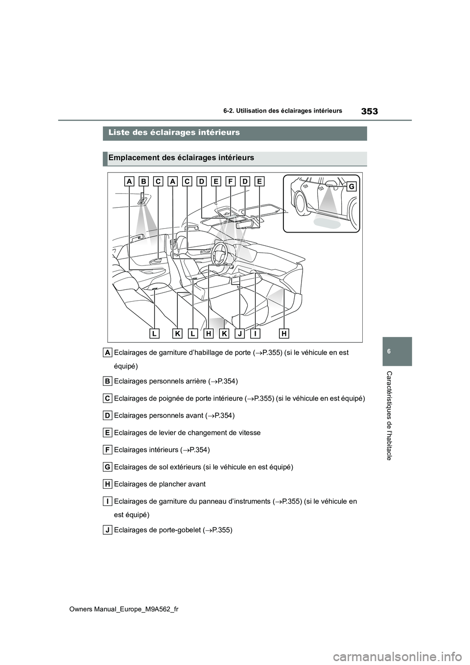 TOYOTA MIRAI 2023  Manuel du propriétaire (in French) 353
6
Owners Manual_Europe_M9A562_fr
6-2. Utilisation des éclairages intérieurs
Caractéristiques de l’habitacle
6-2.Utilisation des éclairages intérieurs
Eclairages de garniture d’habillage d