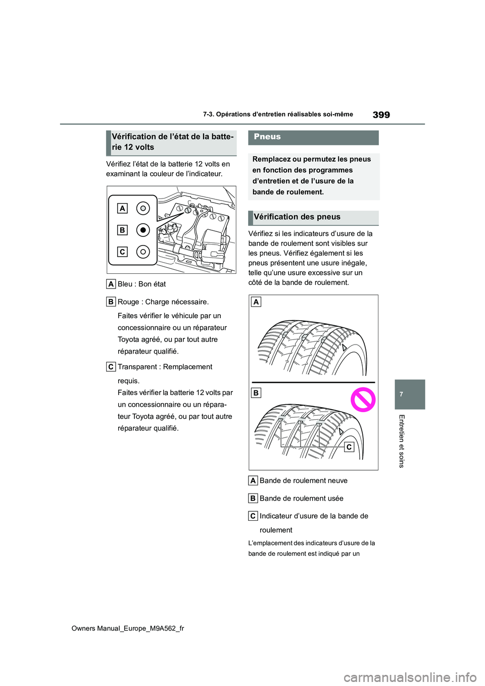 TOYOTA MIRAI 2023 Manuel du propriétaire (in French) 399
7
Owners Manual_Europe_M9A562_fr
7-3. Opérations d’entretien réalisables soi-même
Entretien et soins
Vérifiez l’état de la batterie 12 volts en
examinant la couleur de l’indicateur.
TOYOTA MIRAI 2023 Manuel du propriétaire (in French) 399
7
Owners Manual_Europe_M9A562_fr
7-3. Opérations d’entretien réalisables soi-même
Entretien et soins
Vérifiez l’état de la batterie 12 volts en
examinant la couleur de l’indicateur.