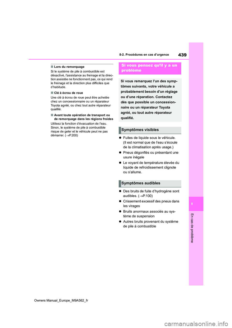 TOYOTA MIRAI 2023 Manuel du propriétaire (in French) 439
8
Owners Manual_Europe_M9A562_fr
8-2. Procédures en cas d’urgence
En cas de problème
■Lors du remorquage
Si le système de pile à combustible est désactivé, l’assistance au freinage e TOYOTA MIRAI 2023 Manuel du propriétaire (in French) 439
8
Owners Manual_Europe_M9A562_fr
8-2. Procédures en cas d’urgence
En cas de problème
■Lors du remorquage
Si le système de pile à combustible est désactivé, l’assistance au freinage e