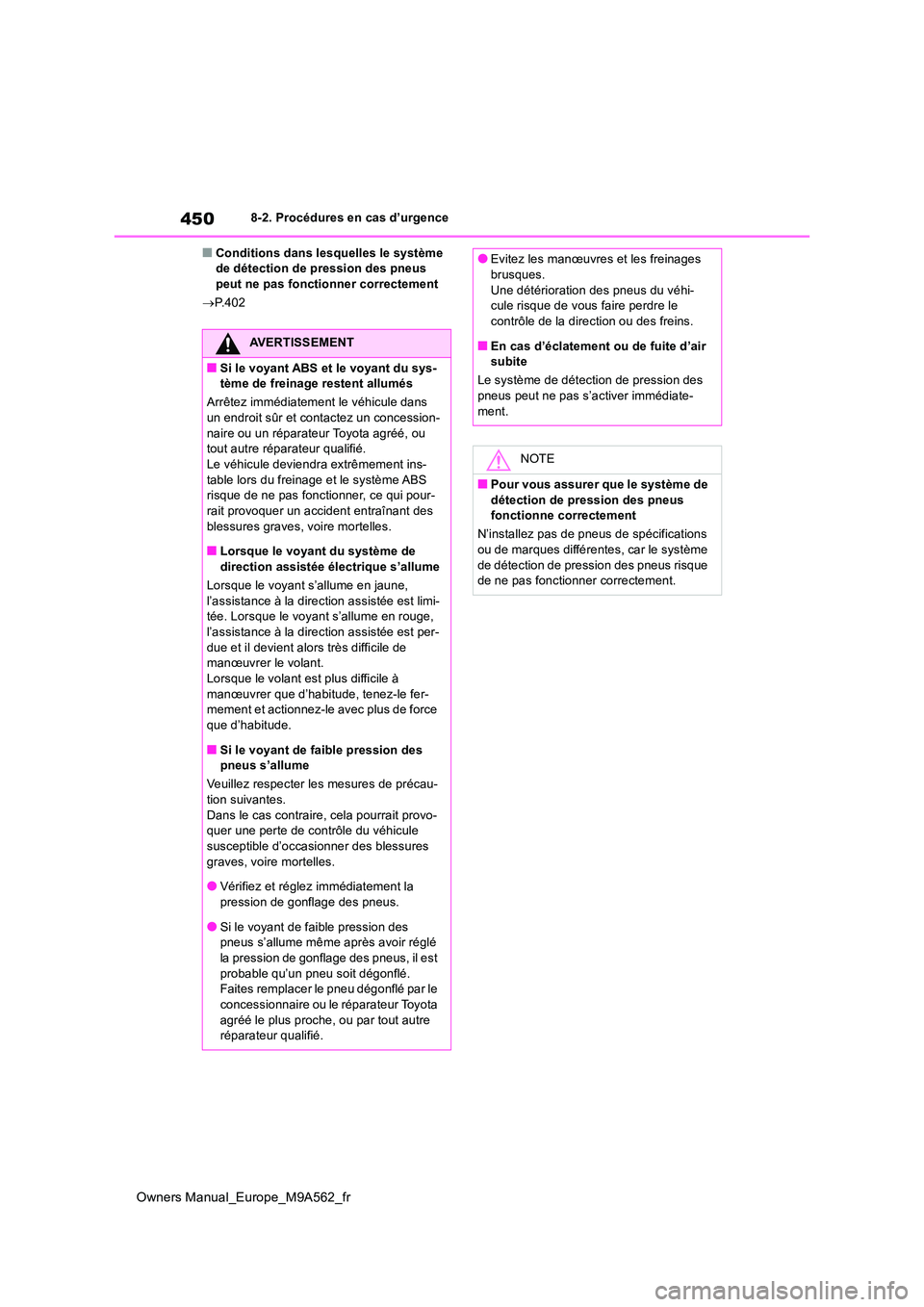 TOYOTA MIRAI 2023 Manuel du propriétaire (in French) 450
Owners Manual_Europe_M9A562_fr
8-2. Procédures en cas d’urgence
■Conditions dans lesquelles le système de détection de pression des pneus peut ne pas fonctionner correctement
P.402
AV TOYOTA MIRAI 2023 Manuel du propriétaire (in French) 450
Owners Manual_Europe_M9A562_fr
8-2. Procédures en cas d’urgence
■Conditions dans lesquelles le système de détection de pression des pneus peut ne pas fonctionner correctement
P.402
AV