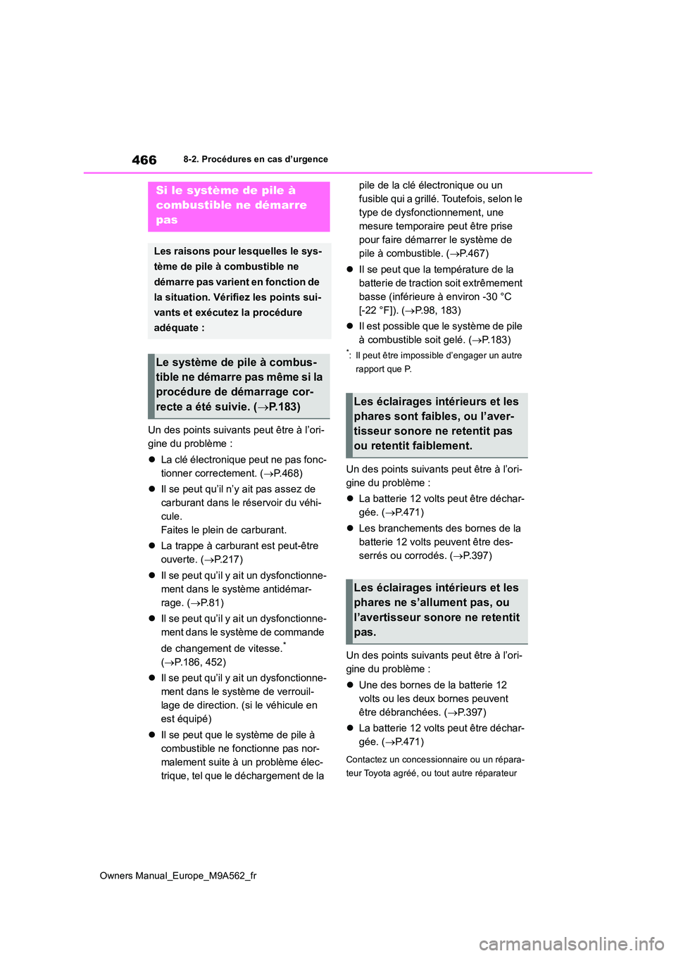 TOYOTA MIRAI 2023 Manuel du propriétaire (in French) 466
Owners Manual_Europe_M9A562_fr
8-2. Procédures en cas d’urgence
Un des points suivants peut être à l’ori-
gine du problème :
La clé électronique peut ne pas fonc-
tionner correcte TOYOTA MIRAI 2023 Manuel du propriétaire (in French) 466
Owners Manual_Europe_M9A562_fr
8-2. Procédures en cas d’urgence
Un des points suivants peut être à l’ori-
gine du problème :
La clé électronique peut ne pas fonc-
tionner correcte