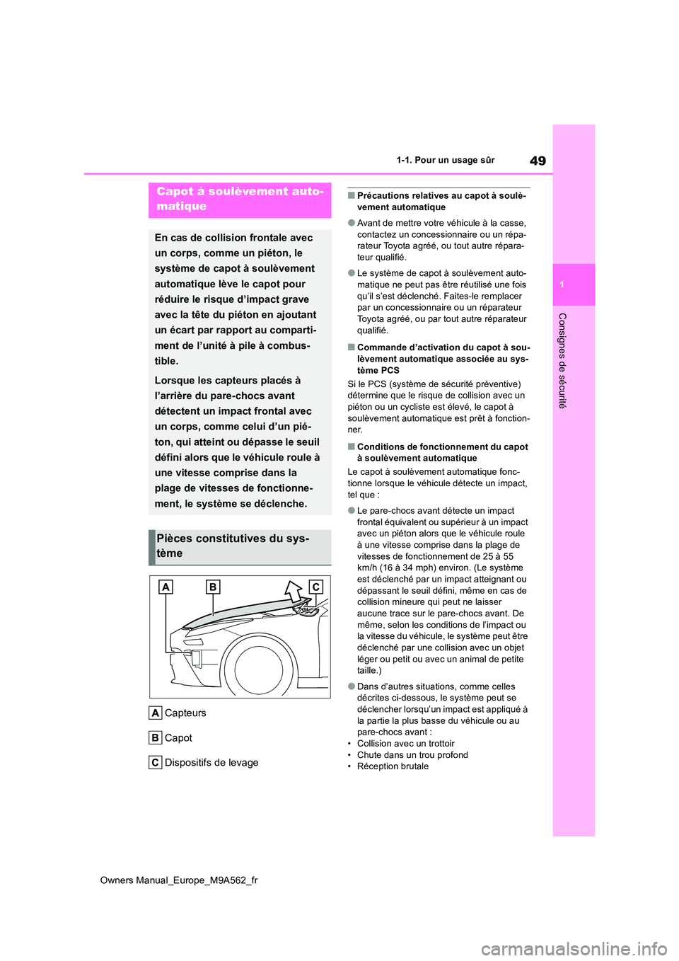 TOYOTA MIRAI 2023  Manuel du propriétaire (in French) 49
1
Owners Manual_Europe_M9A562_fr
1-1. Pour un usage sûr
Consignes de sécurité
Capteurs 
Capot
Dispositifs de levage
■Précautions relatives au capot à soulè- vement automatique
●Avant de m