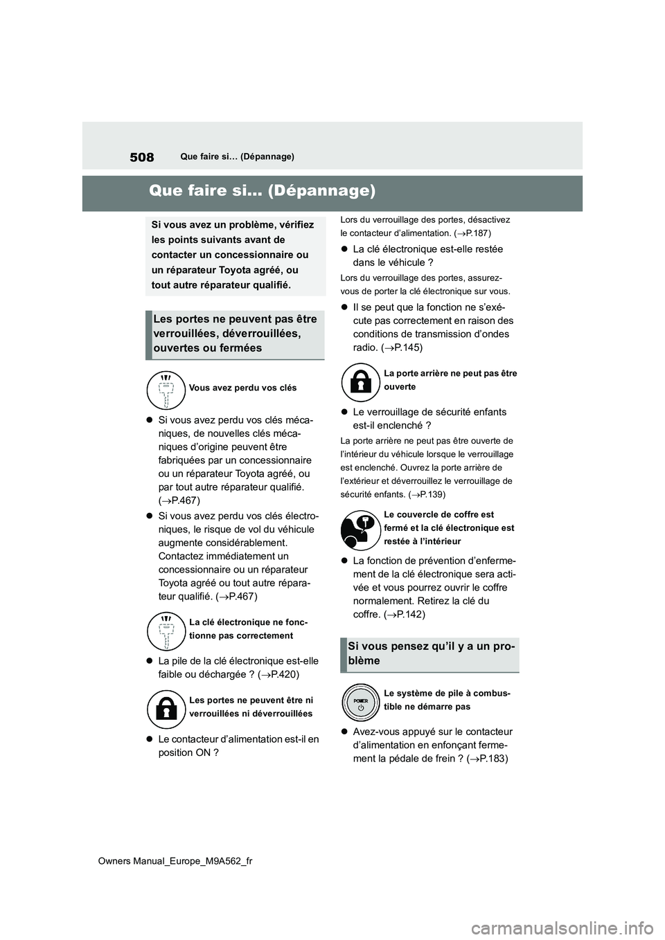 TOYOTA MIRAI 2023  Manuel du propriétaire (in French) 508
Owners Manual_Europe_M9A562_fr
Que faire si… (Dépannage)
1-1.Que fa ire si… (Dé panna ge)Que faire si… (Dépannage)
Si vous avez perdu vos clés méca- 
niques, de nouvelles clés méca