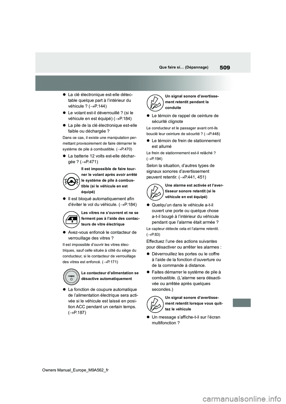 TOYOTA MIRAI 2023  Manuel du propriétaire (in French) 509
Owners Manual_Europe_M9A562_fr
Que faire si… (Dépannage)
La clé électronique est-elle détec- 
table quelque part à l’intérieur du 
véhicule ? ( P.144) 
 Le volant est-il déver
