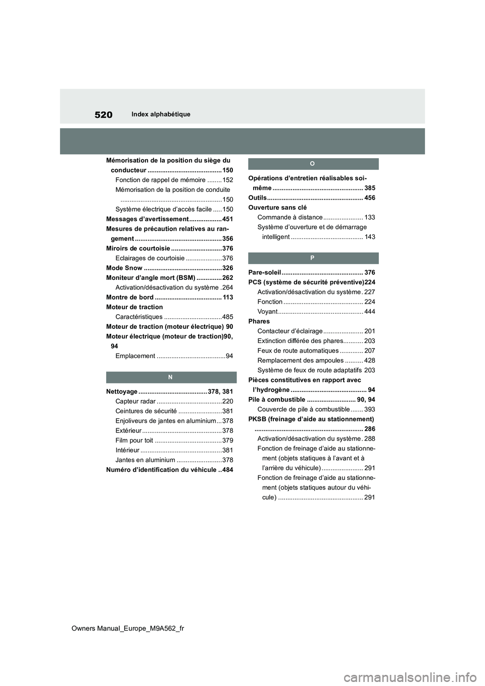 TOYOTA MIRAI 2023  Manuel du propriétaire (in French) 520
Owners Manual_Europe_M9A562_fr
Index alphabétique 
Mémorisation de la position du siège du  
conducteur ......................................... 150
Fonction de rappel de mémoire ........ 152