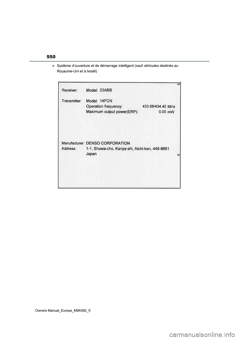 TOYOTA MIRAI 2023  Manuel du propriétaire (in French) 550
Owners Manual_Europe_M9A562_fr
Système d’ouverture et de démarrage intelligent (sauf véhicules destinés au  
Royaume-Uni et à Israël) 