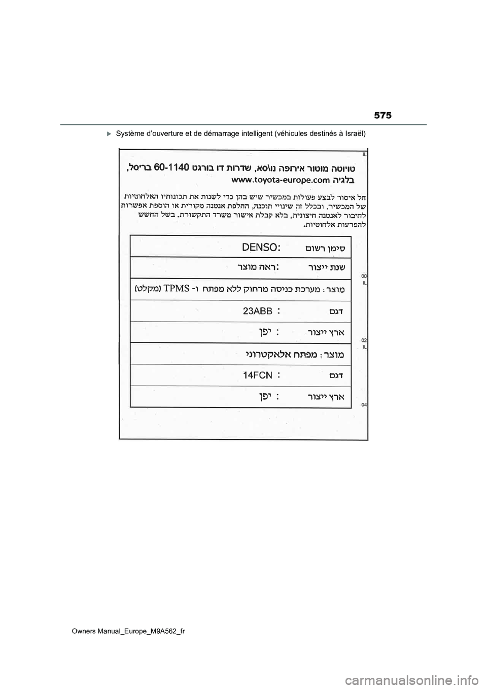 TOYOTA MIRAI 2023  Manuel du propriétaire (in French) 575
Owners Manual_Europe_M9A562_fr
Système d’ouverture et de démarrage intelligent (véhicules destinés à Israël) 