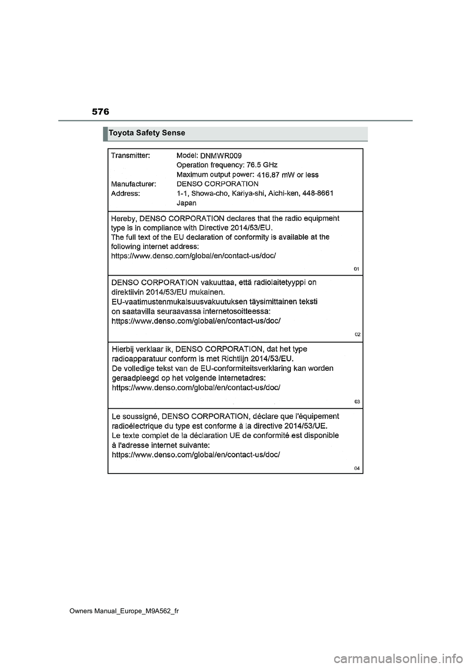 TOYOTA MIRAI 2023  Manuel du propriétaire (in French) 576
Owners Manual_Europe_M9A562_fr
Toyota Safety Sense 
