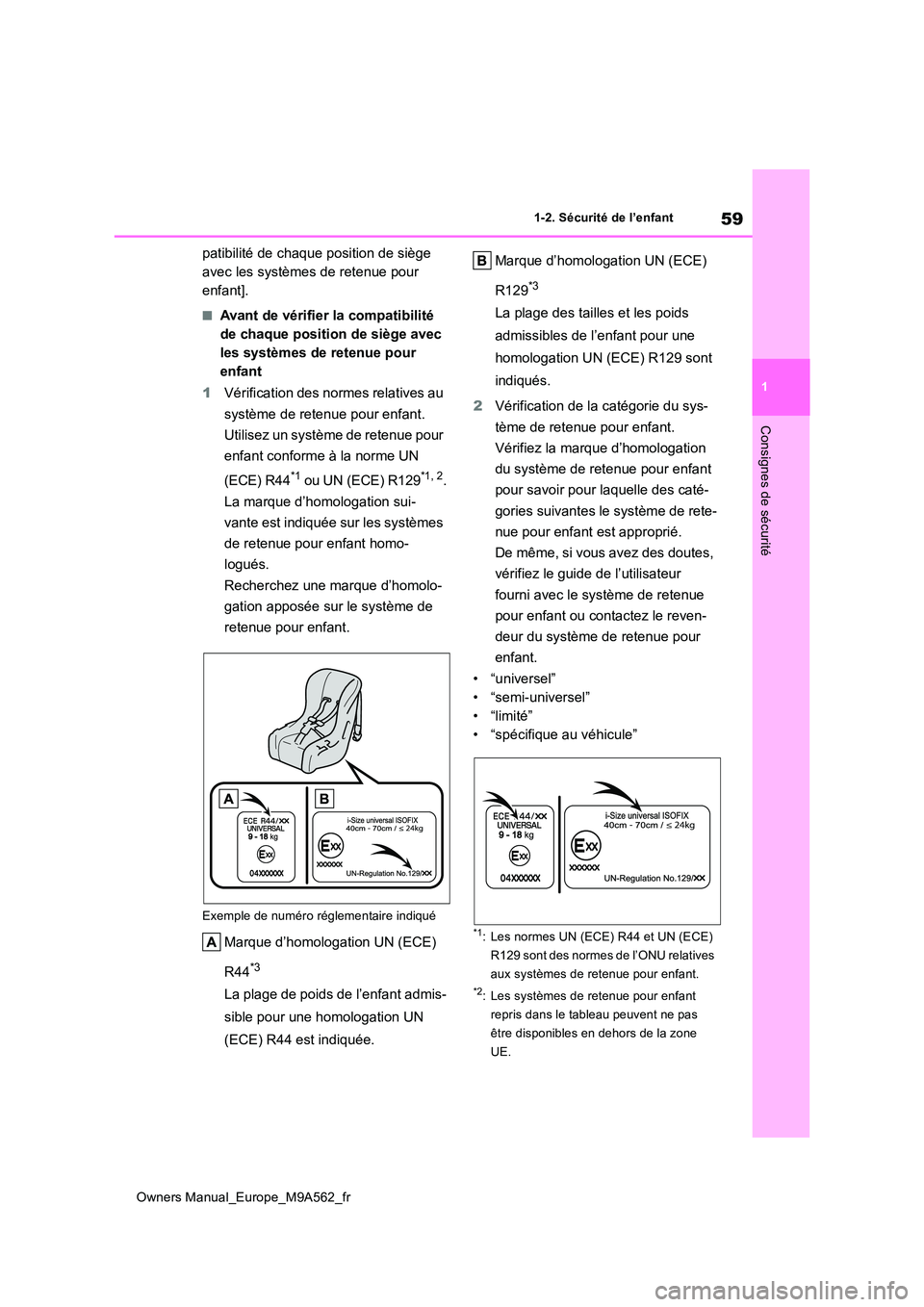 TOYOTA MIRAI 2023  Manuel du propriétaire (in French) 59
1
Owners Manual_Europe_M9A562_fr
1-2. Sécurité de l’enfant
Consignes de sécurité
patibilité de chaque position de siège  
avec les systèmes de retenue pour 
enfant].
■Avant de vérifier 