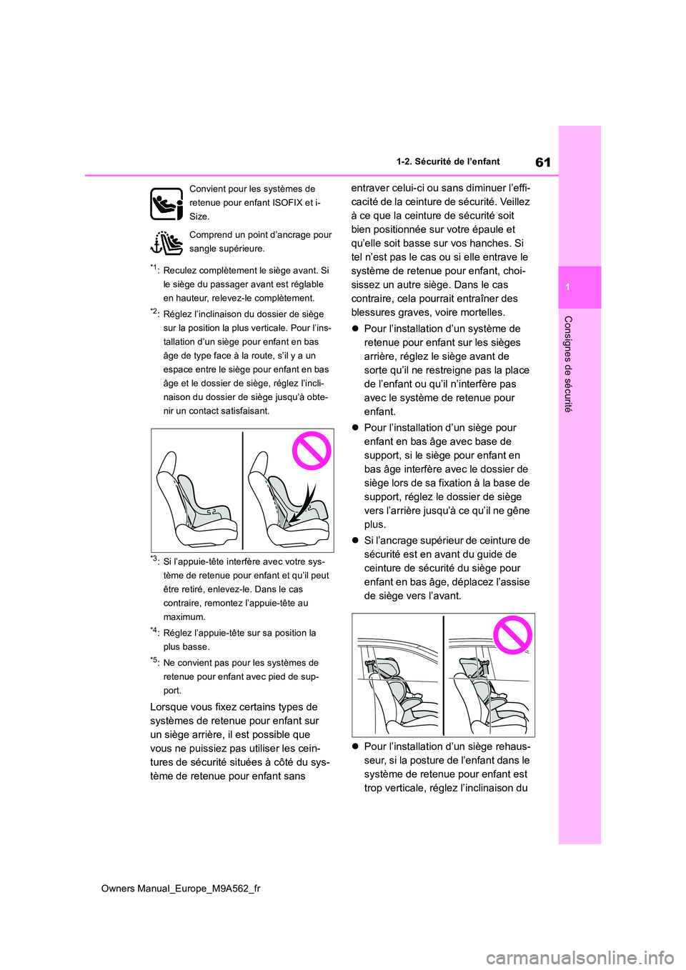 TOYOTA MIRAI 2023  Manuel du propriétaire (in French) 61
1
Owners Manual_Europe_M9A562_fr
1-2. Sécurité de l’enfant
Consignes de sécurité
*1: Reculez complètement le siège avant. Si  
le siège du passager avant est réglable 
en hauteur, relevez